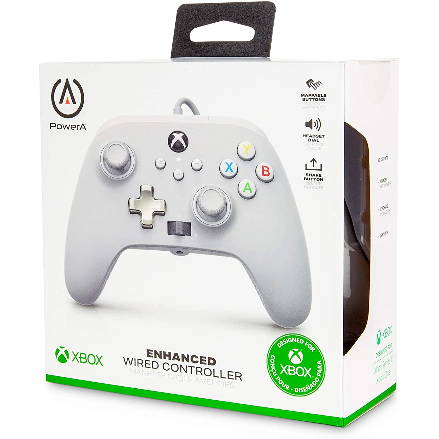 Controlador Xbox blanco y gris en una caja. La caja tiene imágenes y texto sobre el controlador.