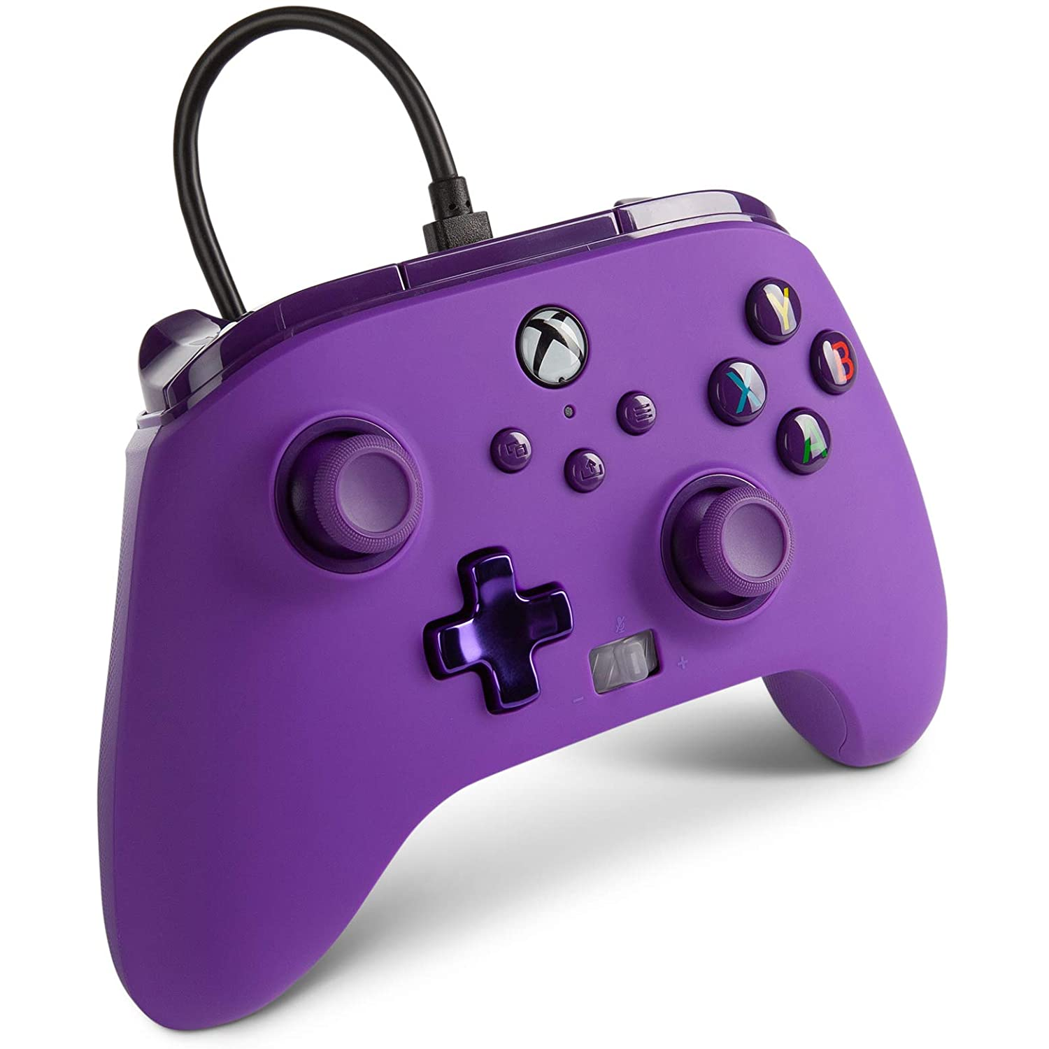 Mando Xbox morado con cable negro. Botones, joysticks y una cruceta.