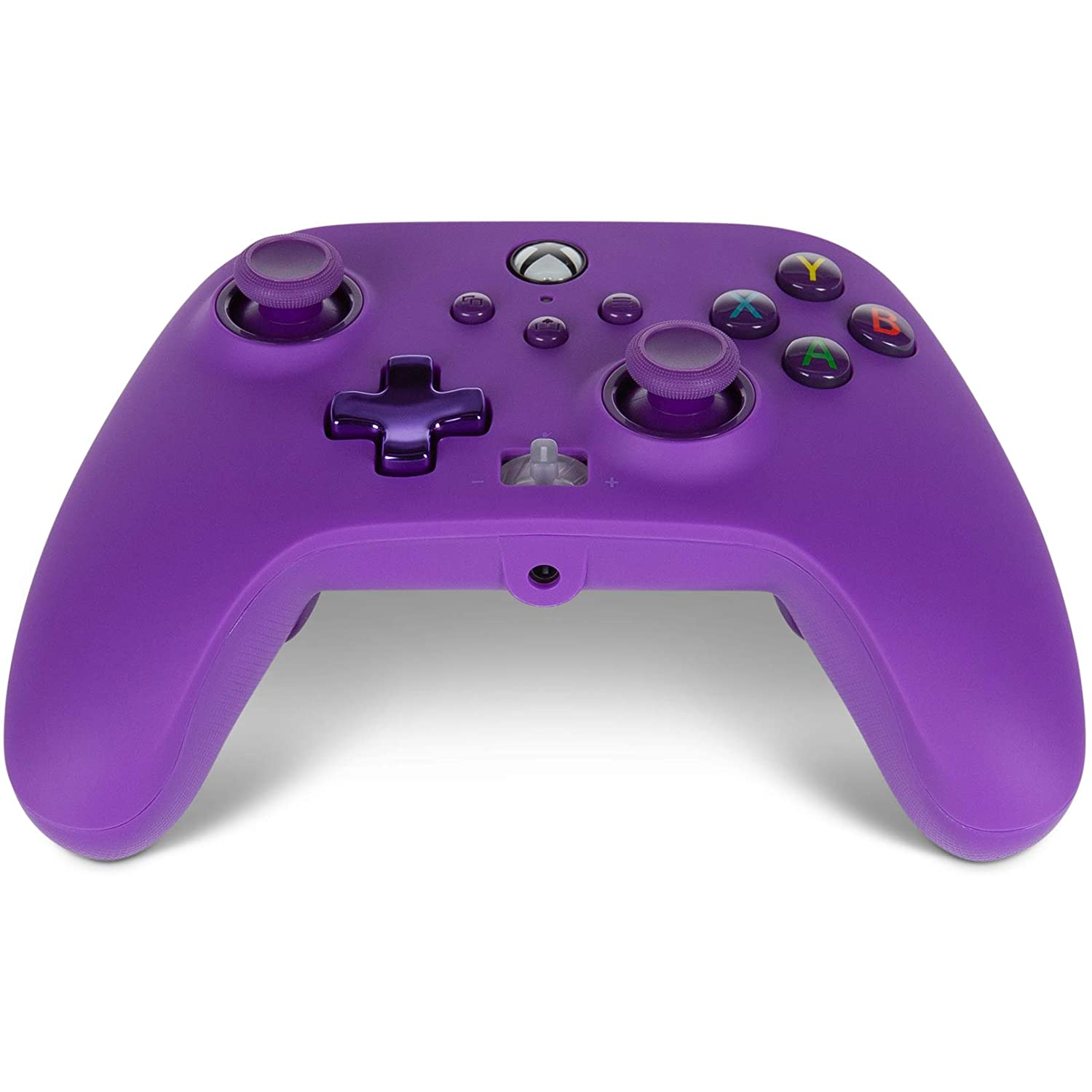 Un controlador Xbox morado sobre un fondo blanco, los botones son coloridos.