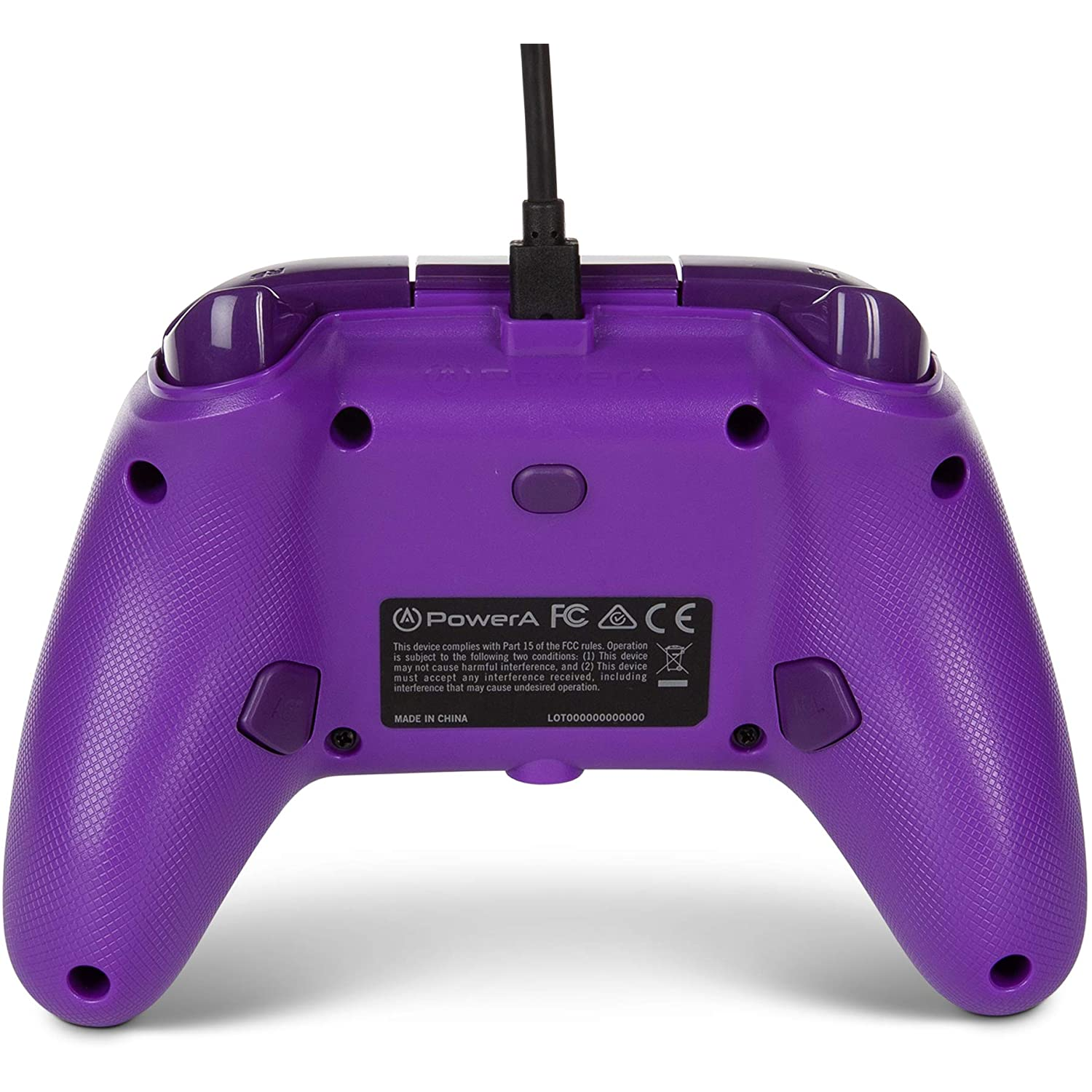 Parte trasera del mando de juegos PowerA morado con botones, puerto de carga y texto.