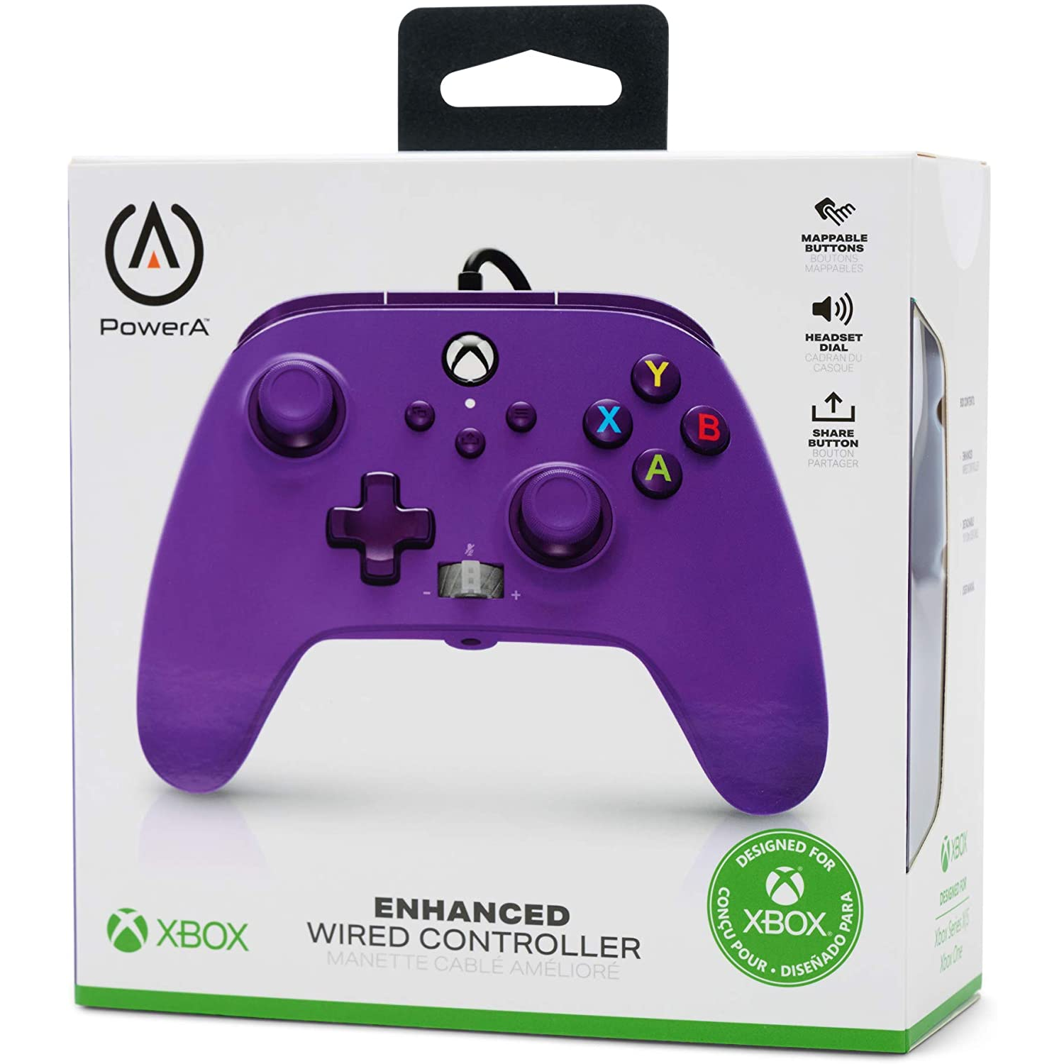 Controlador Xbox morado en caja. Fondo blanco.