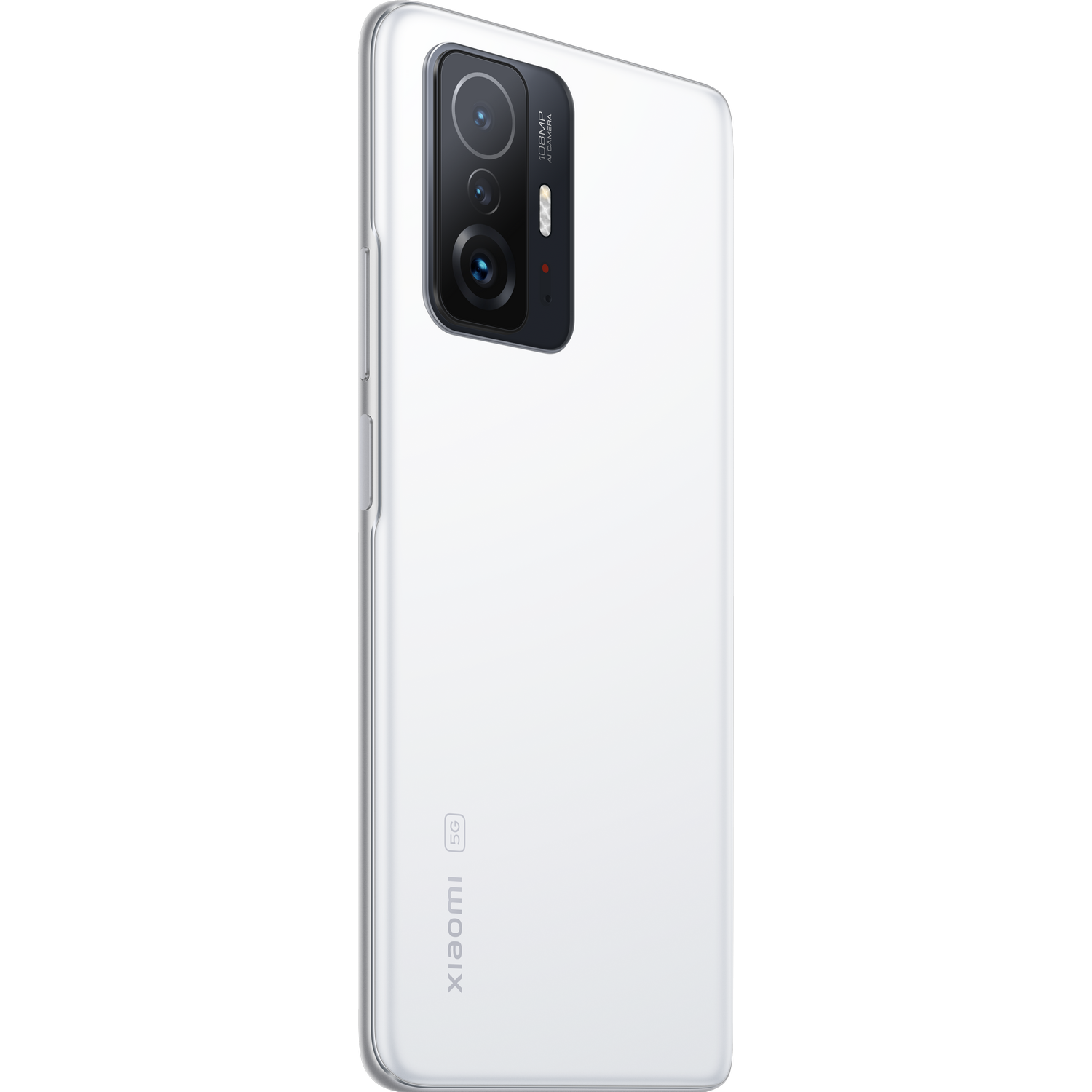 Teléfono Xiaomi blanco, vista trasera. Tres cámaras visibles.