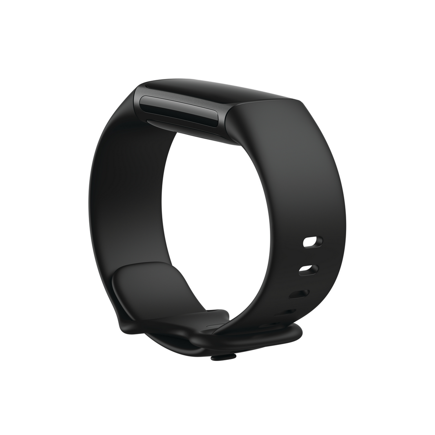 Pulsera de actividad negra, un bucle, con pantalla y dos agujeros en la correa.