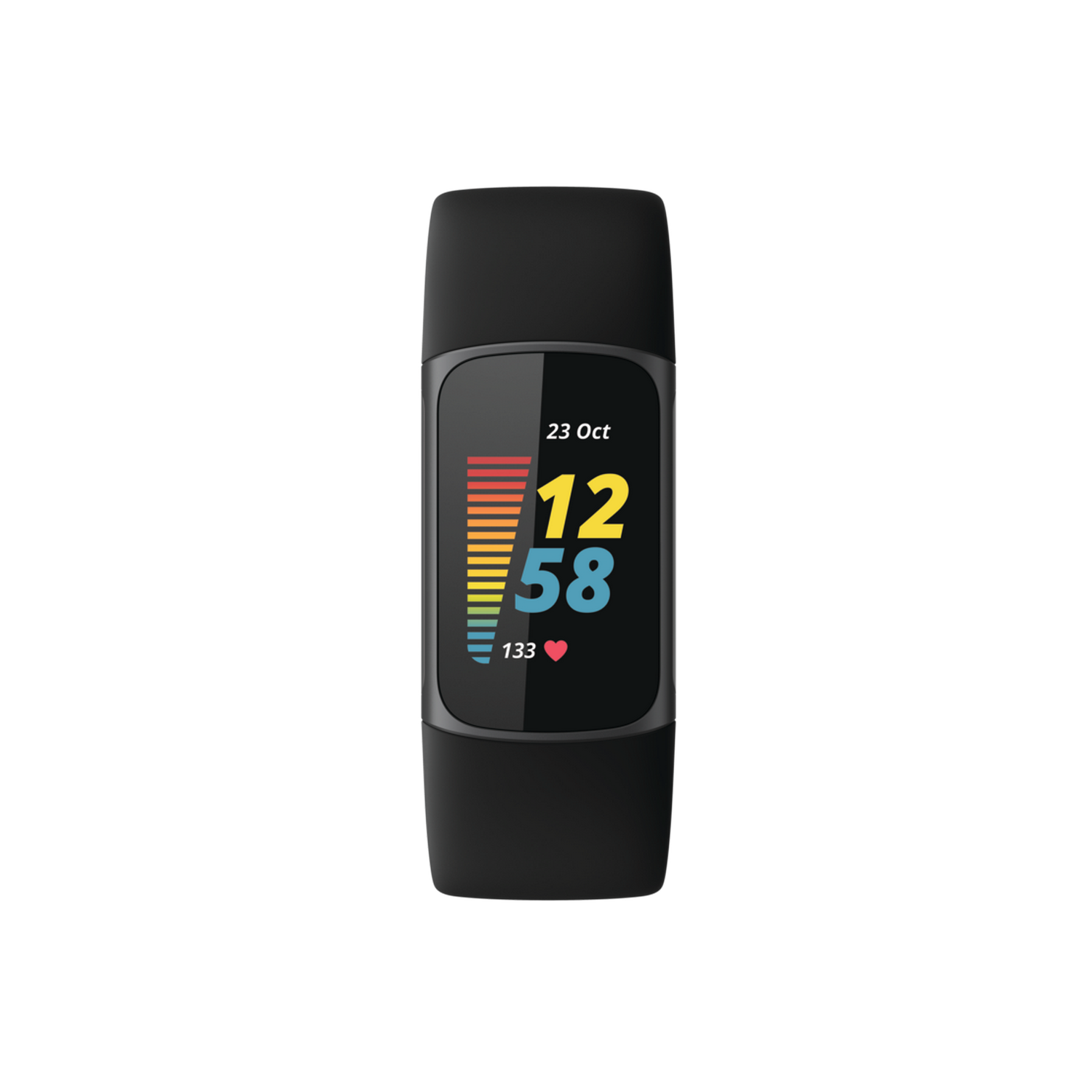 Smartwatch negra con pantalla mostrando hora y niveles de actividad, sobre fondo negro.