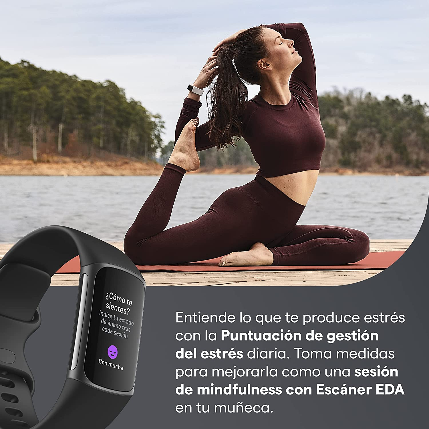 Mujer haciendo yoga con un reloj inteligente en la muñeca. Texto sobre manejo del estrés y mindfulness.