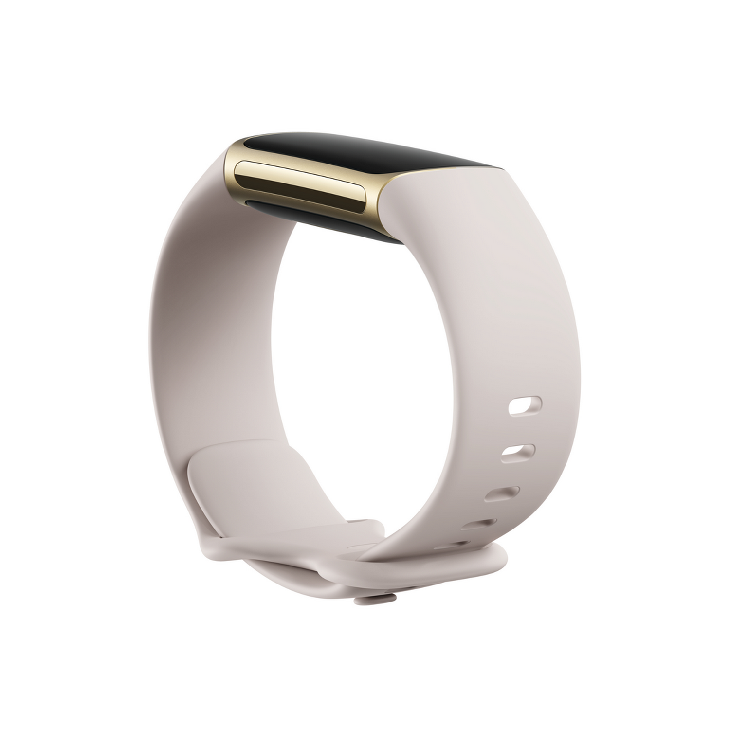 Smartwatch, correa beige con detalle dorado, aislada sobre fondo blanco. Diseño minimalista.