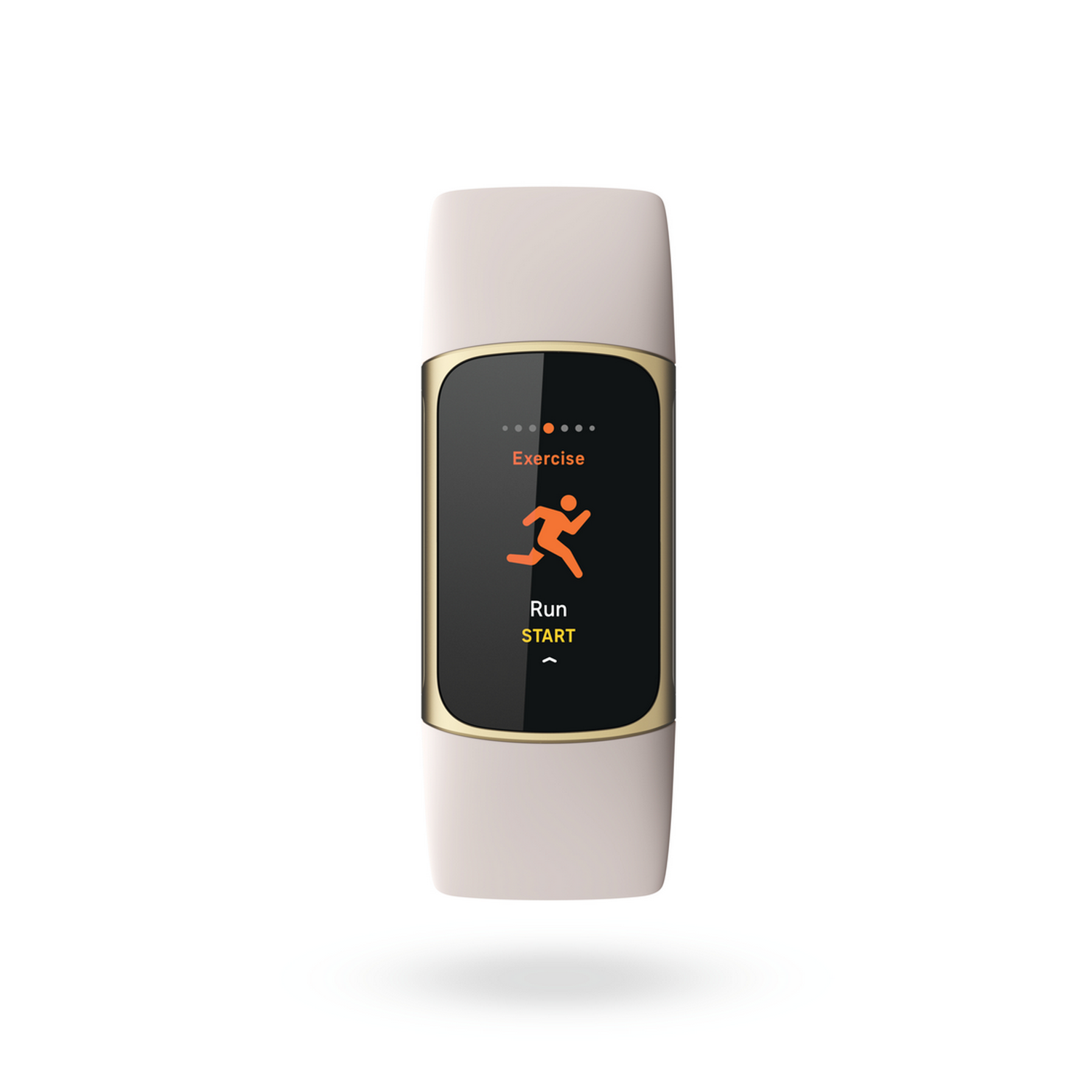 Monitor de fitness con pantalla que muestra un icono corriendo y las palabras "Run" y "Start".