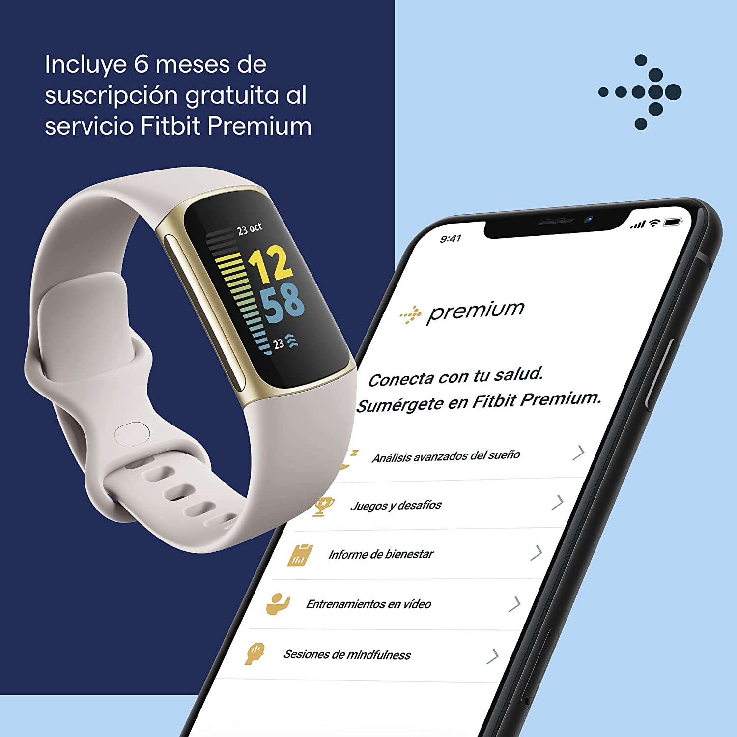 Reloj Fitbit y teléfono mostrando funciones premium. Reloj blanco y dorado, fondo azul.