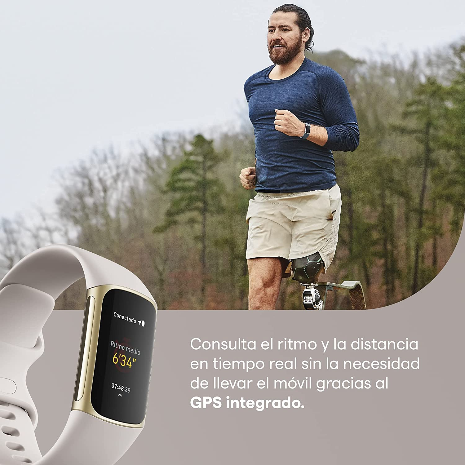 Un hombre corre con prótesis en la pierna, reloj inteligente, y texto sobre GPS integrado.
