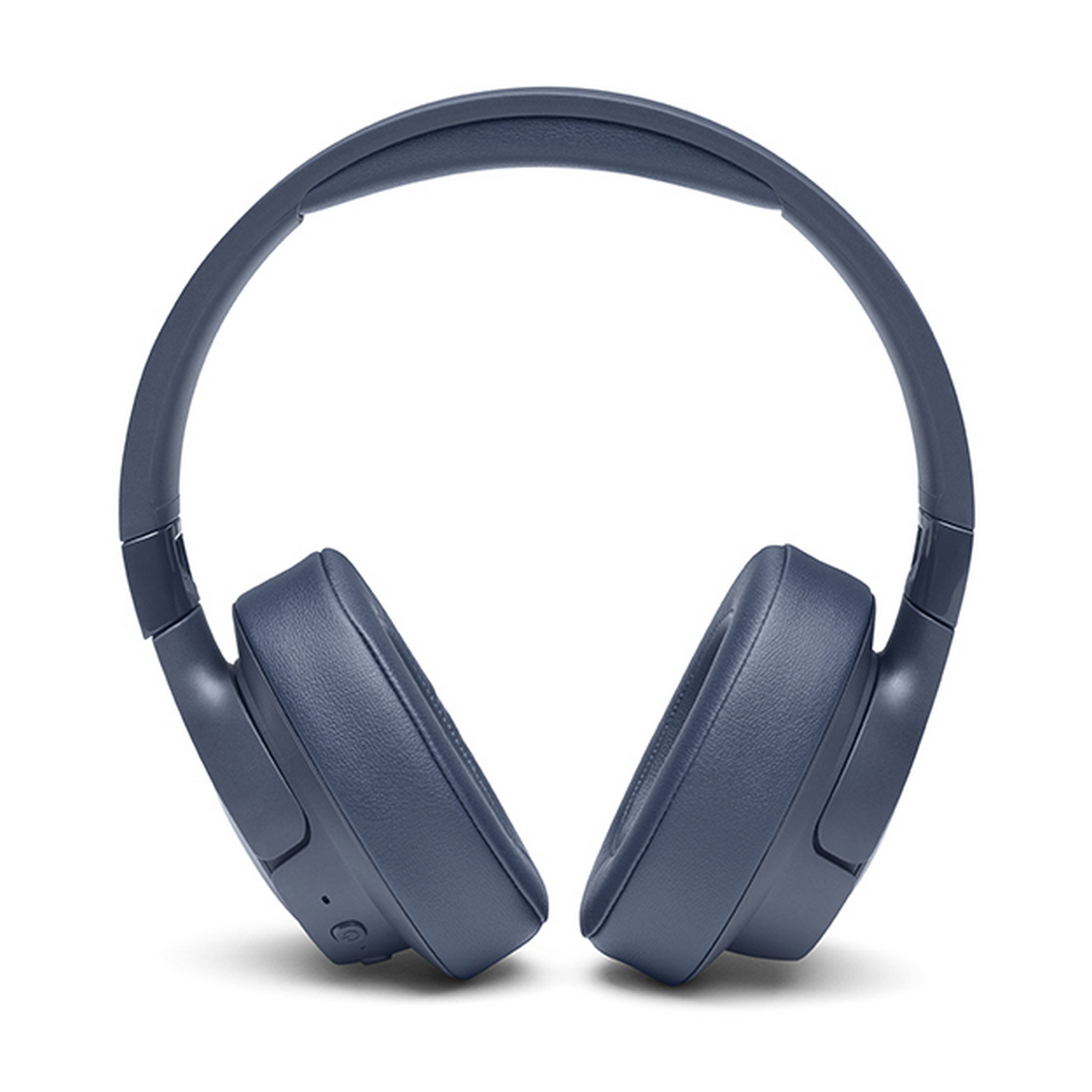 Auriculares azules sobre una superficie blanca.