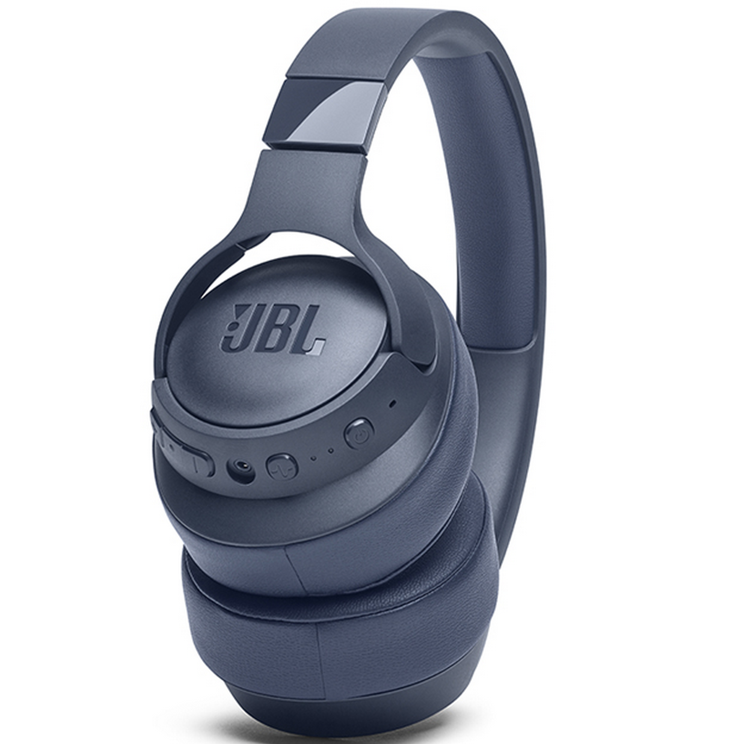 Auriculares JBL azules, primer plano sobre fondo blanco.
