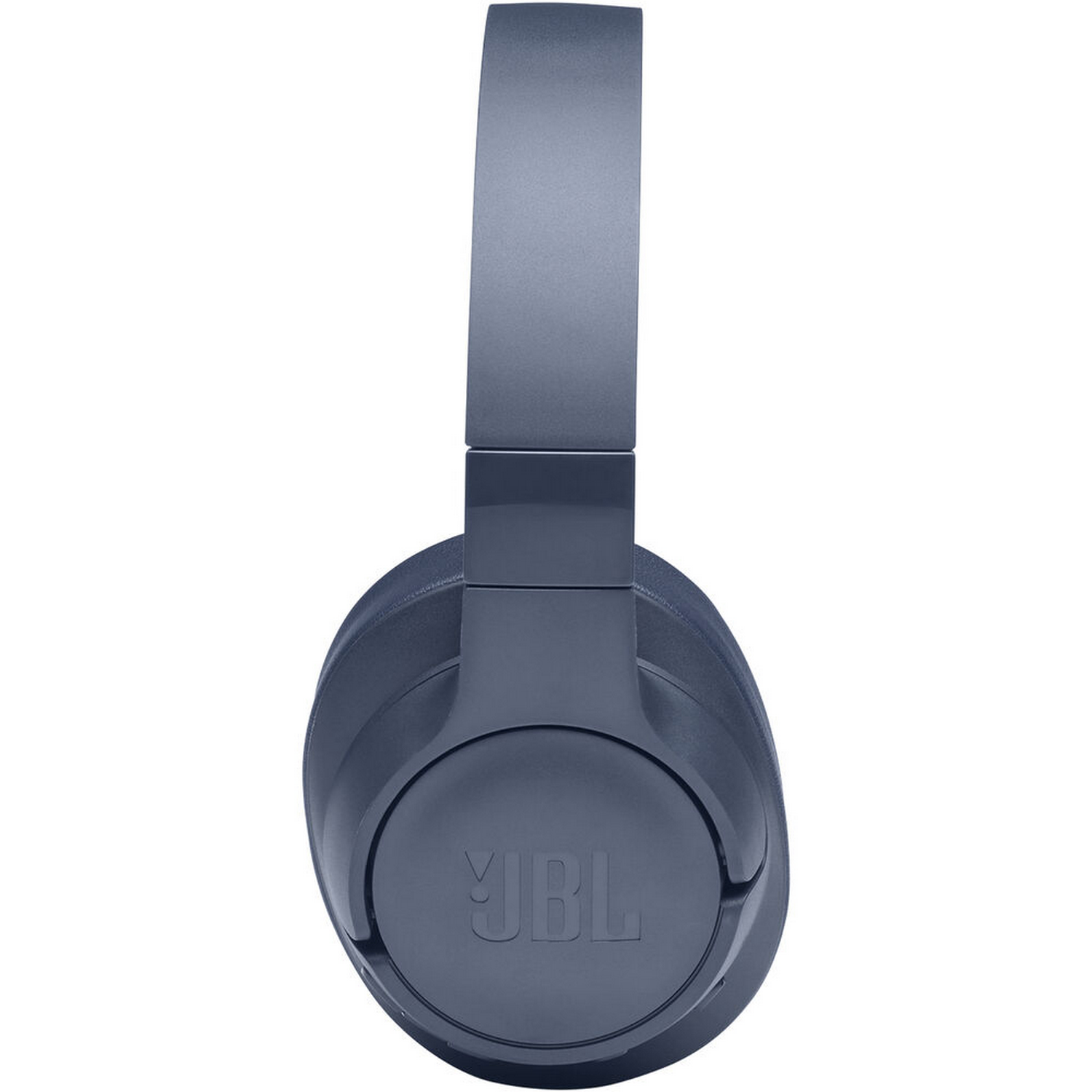Auriculares JBL azules, vistos de lado. Se ven la copa y la diadema.