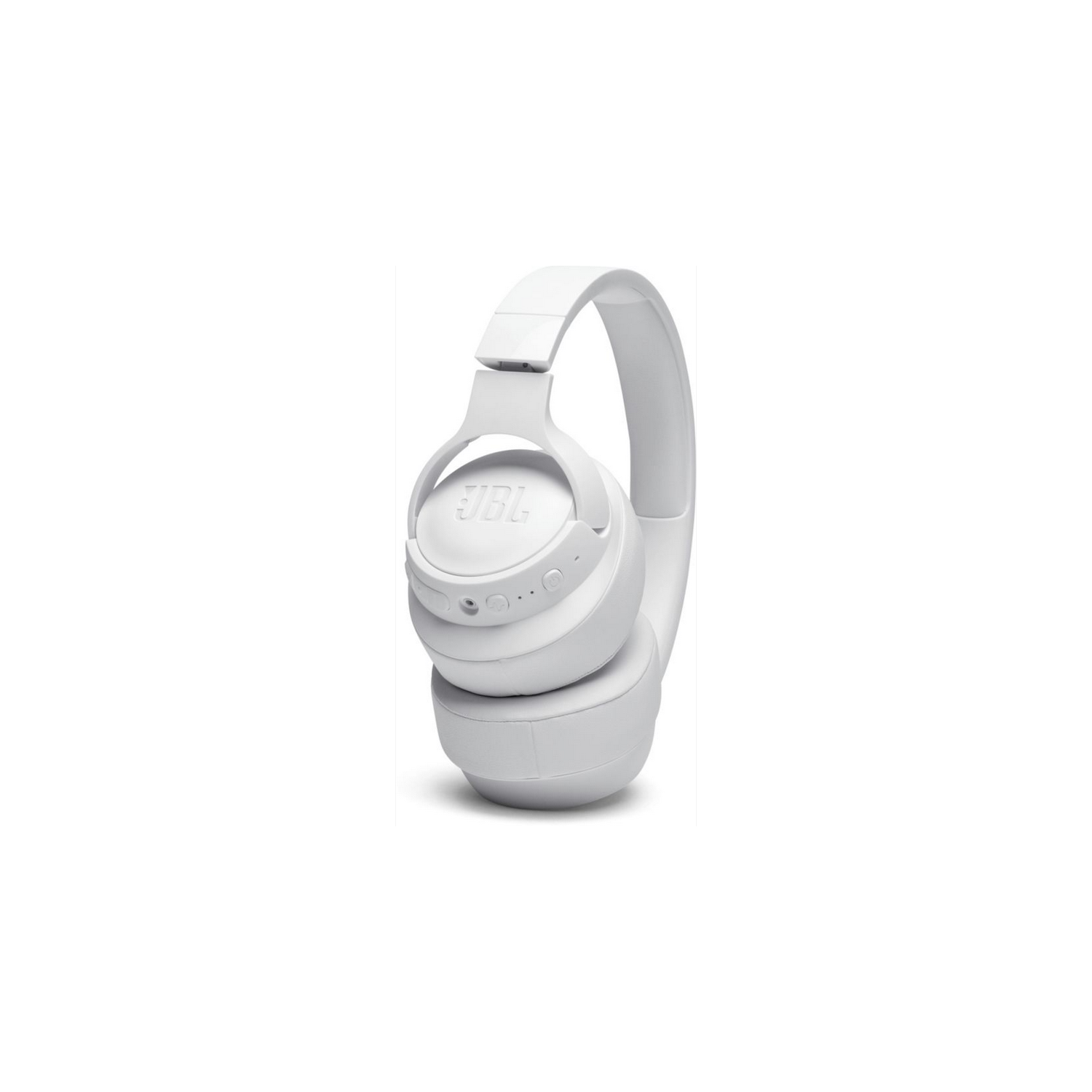 Auriculares JBL blancos. Los auriculares están sobre un fondo blanco. El logotipo de JBL es visible.
