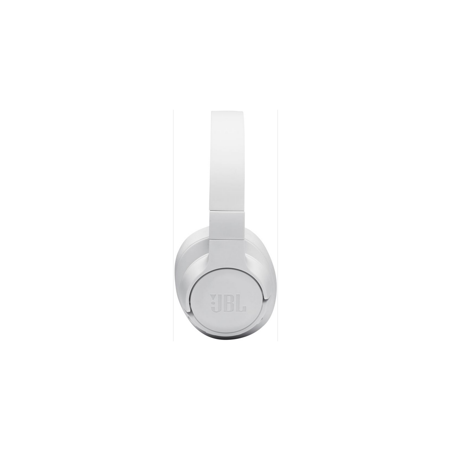Auriculares JBL blancos. Los auriculares están sobre un fondo blanco. El logotipo de JBL es visible en la copa.