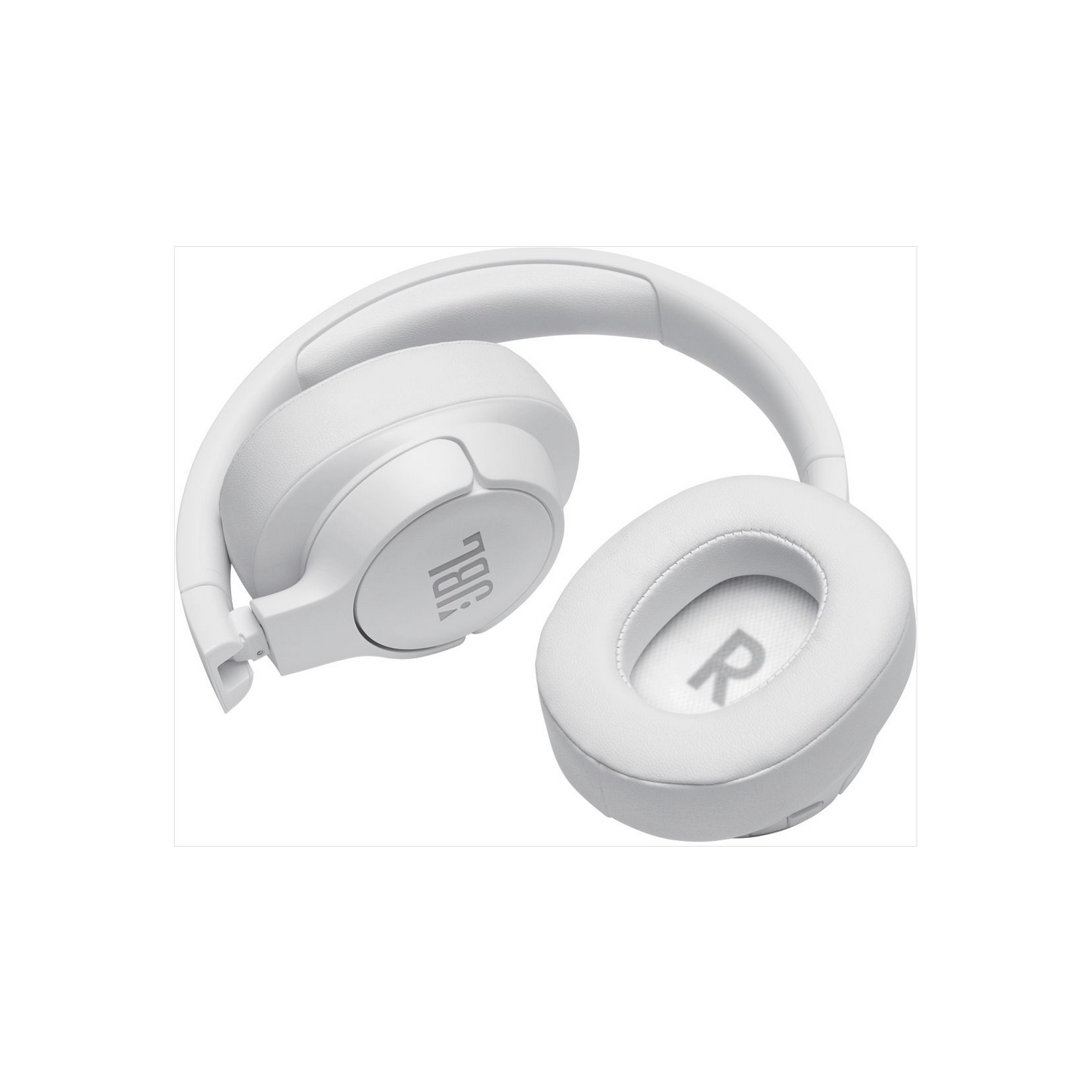 Auriculares JBL blancos sobre fondo blanco, plegados.