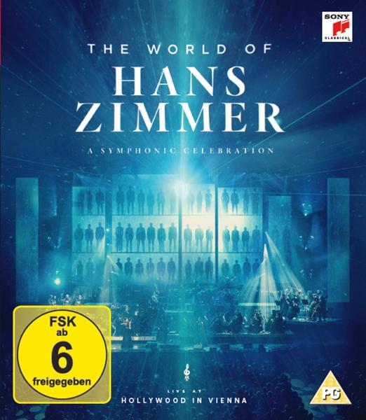 DVD-Cover: 'The World of Hans Zimmer', Orchester auf der Bühne, große Leinwand mit Bildern.