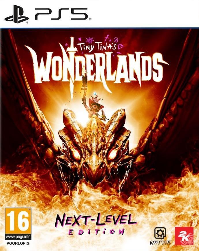 Tiny Tina's Wonderlands PS5 gamecover met draak en fantasy personage.