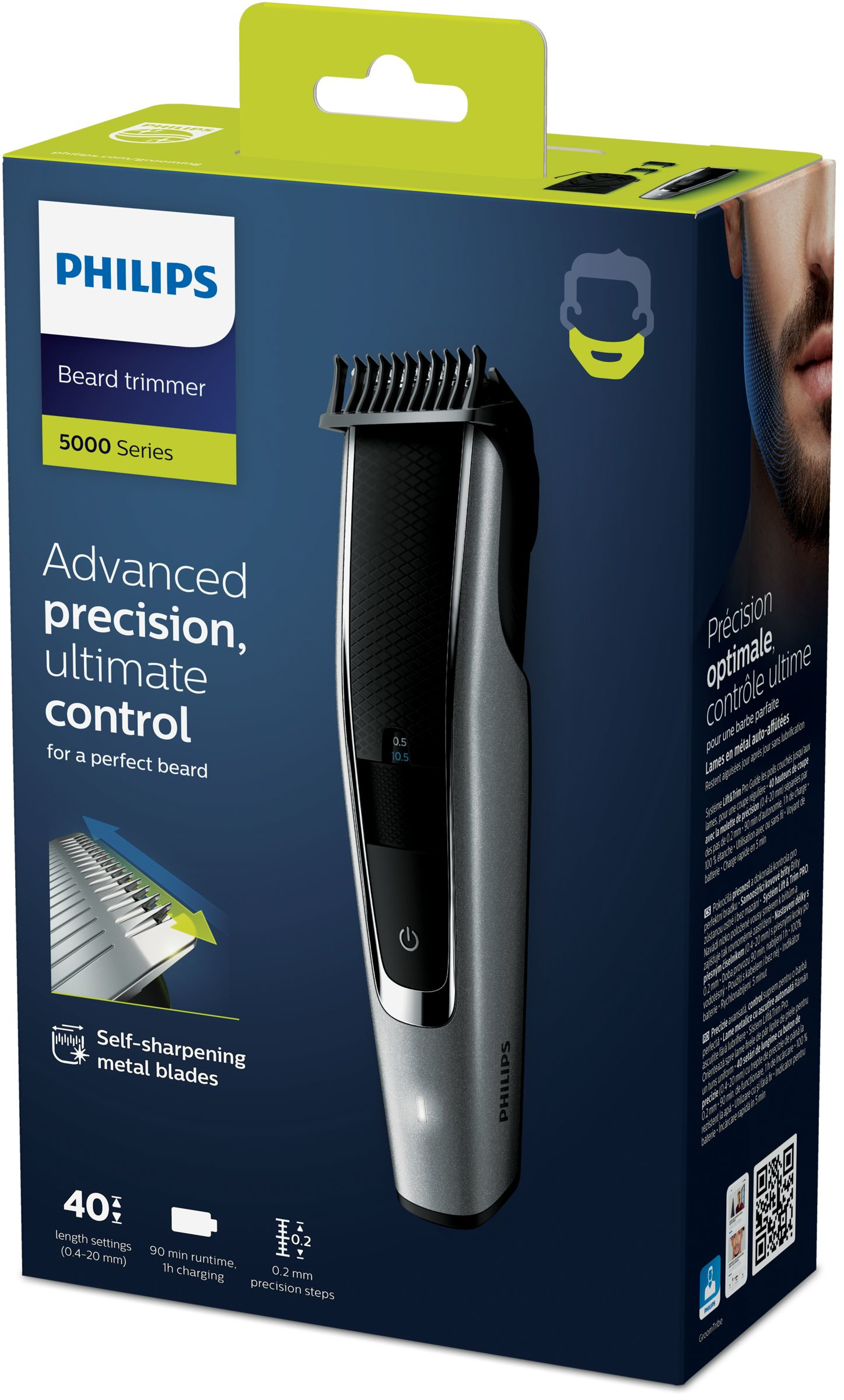 Een Philips baardtrimmerbox. Een zwarte en zilveren trimmer is zichtbaar. De doos heeft tekst en een baardillustratie.