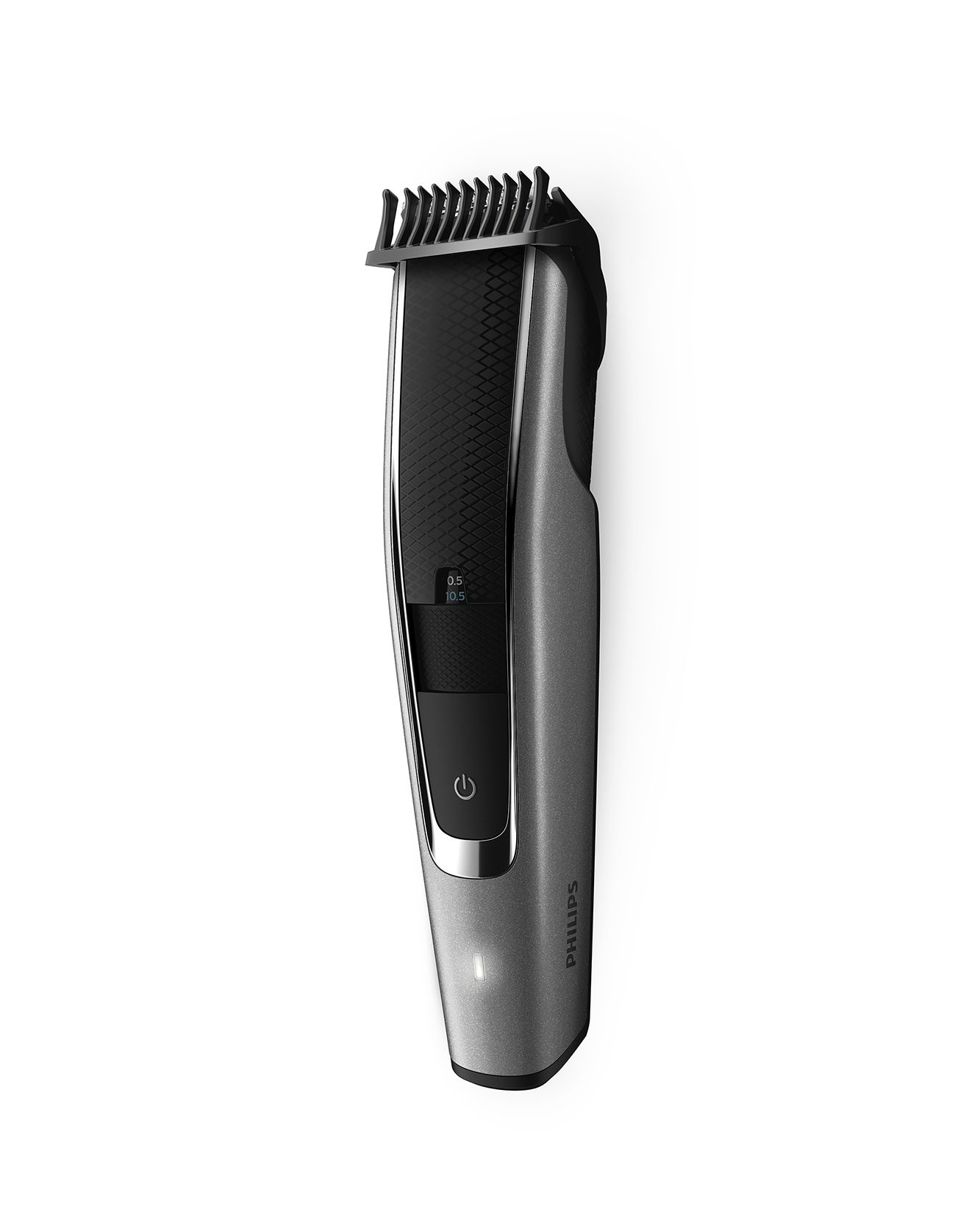 Een zilverzwarte Philips baardtrimmer. Hij heeft een zwarte snijkop, een aan/uit-knop en een digitaal display.
