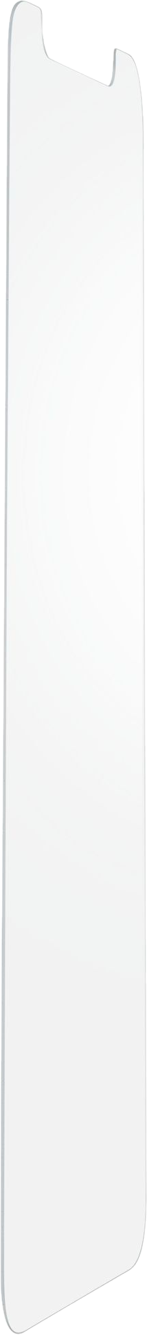 Ein klarer Displayschutz für ein Telefon, der eine Seitenansicht mit gewölbter Oberseite zeigt.