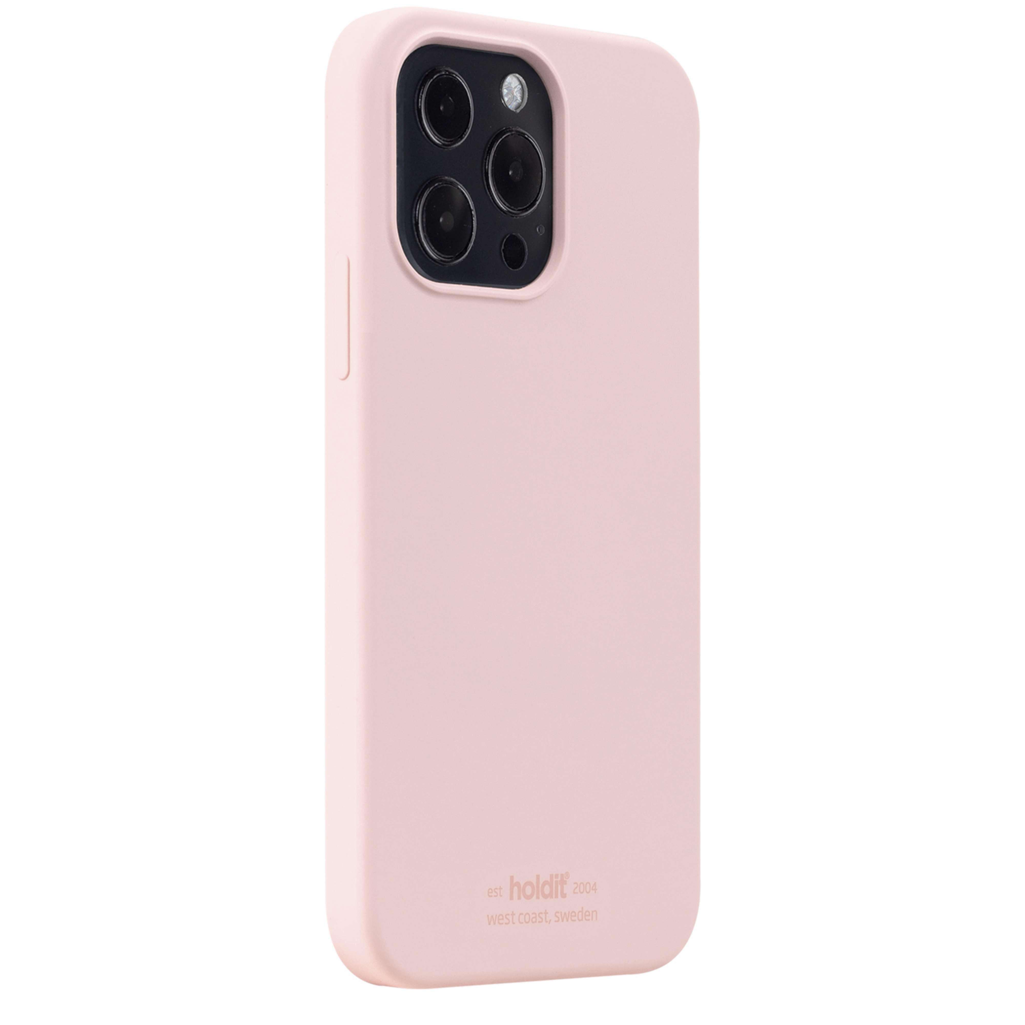 Rosa iPhone-Hülle mit Kameraausschnitten und dem Logo der Marke 'holdit'.