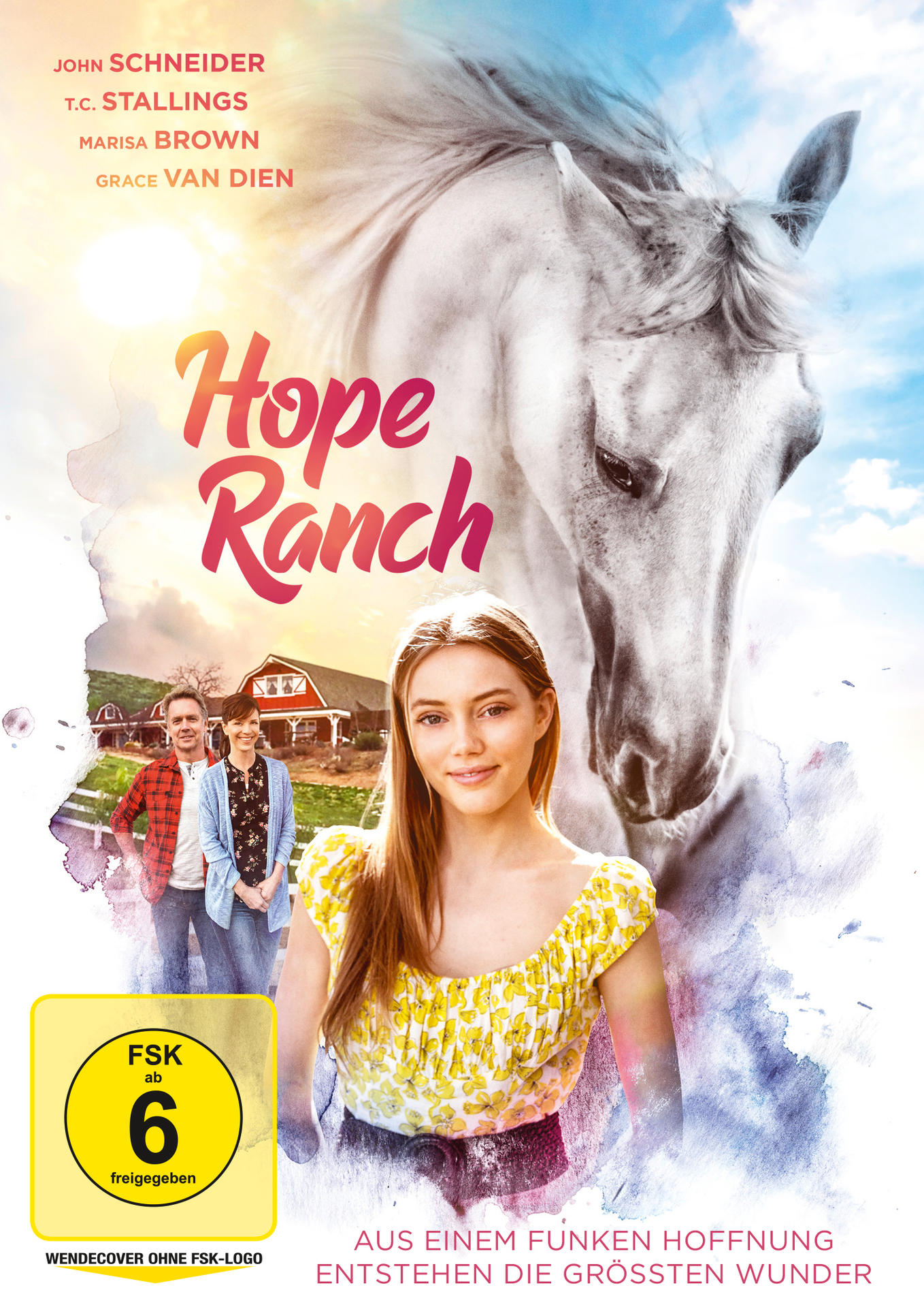 DVD-Cover mit einem Mädchen und einem weißen Pferd. Text: Hope Ranch. Andere Personen und eine Farm im Hintergrund.