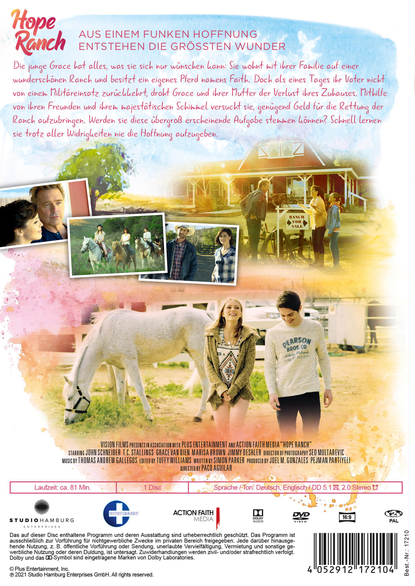 DVD-Cover des Films Hope Ranch mit Schauspielern, einem Pferd und einer Ranch-Szene.