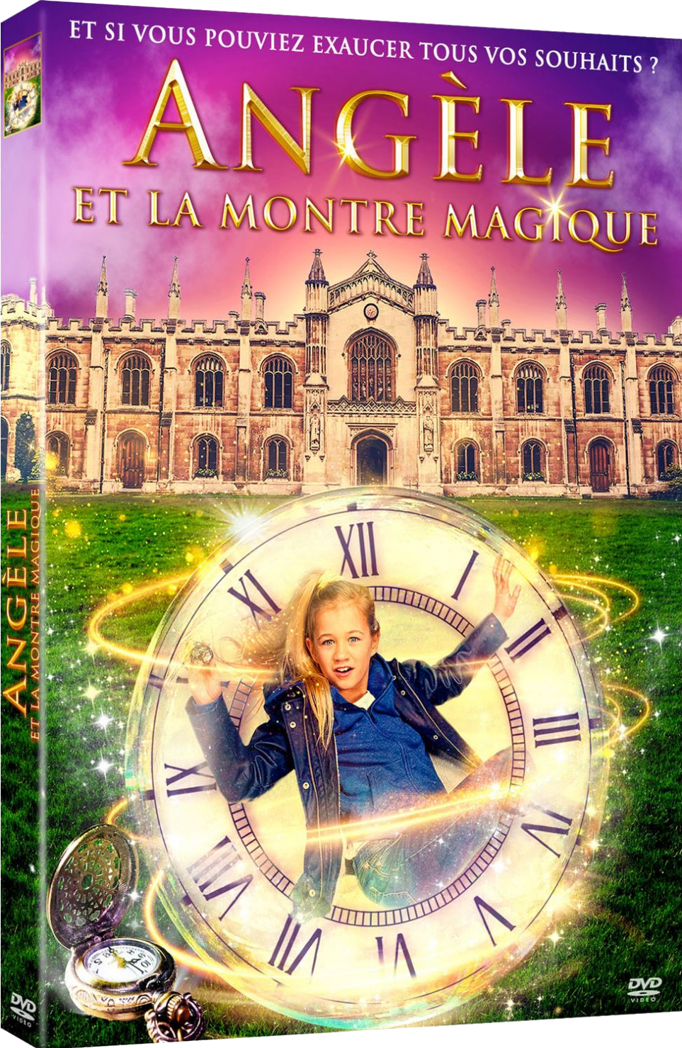 Couverture de DVD d'un film avec une fille à l'intérieur d'une horloge.