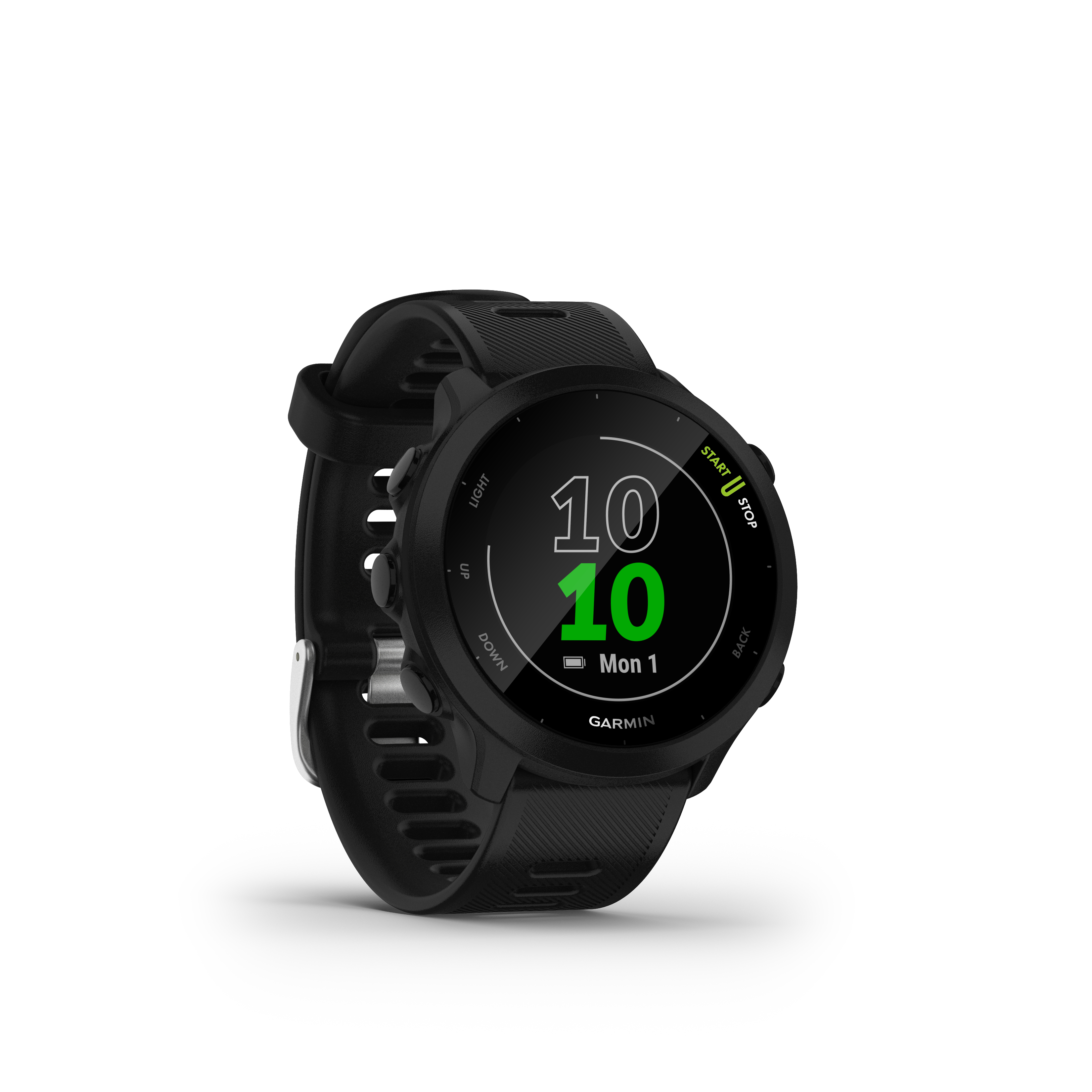 Eine schwarze Garmin Smartwatch zeigt Zeit, Datum und Herzfrequenz auf weißem Hintergrund an.