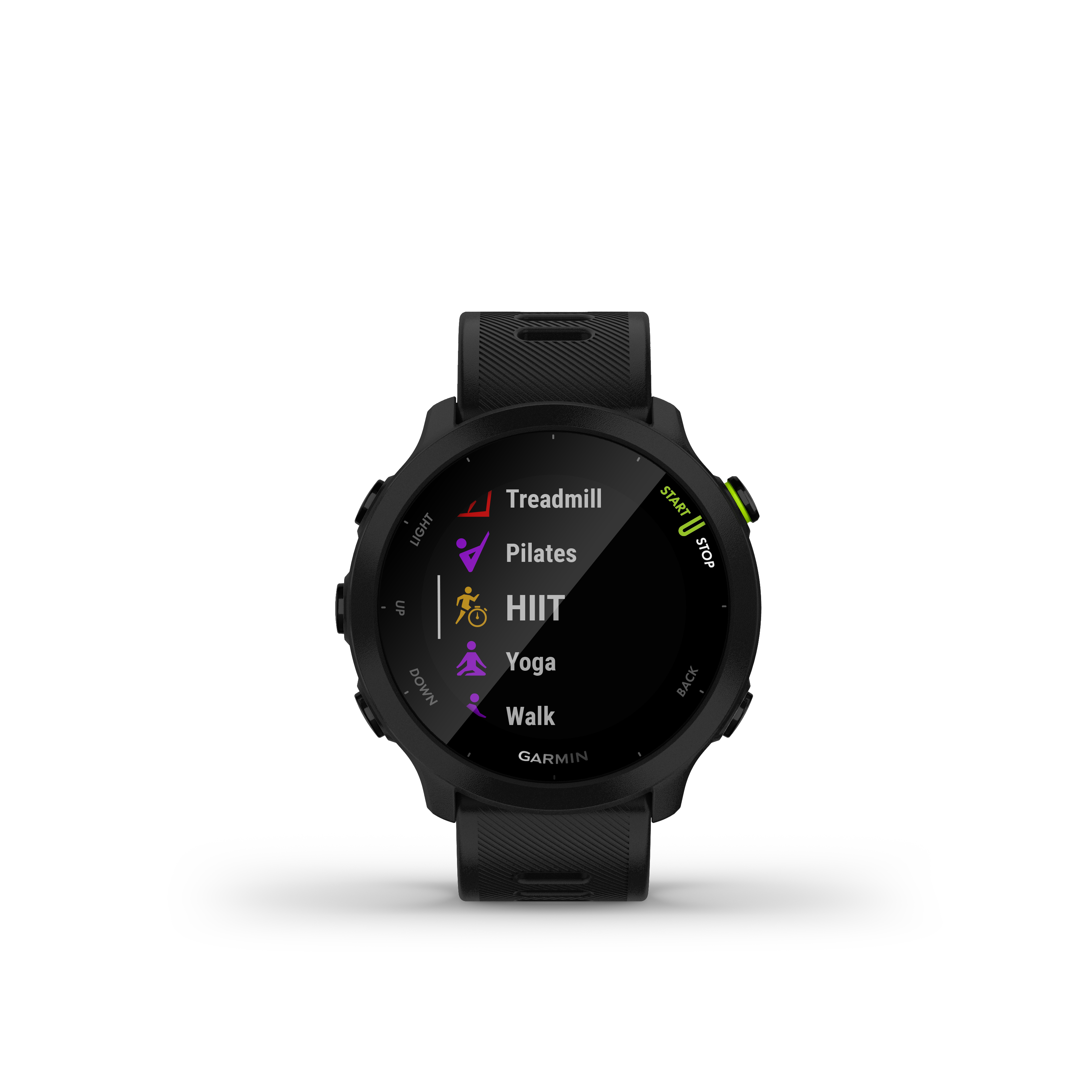 Eine schwarze Garmin Smartwatch mit einem Bildschirm, der Trainingsoptionen anzeigt: Laufband, Pilates, HIIT, Yoga, Walk.