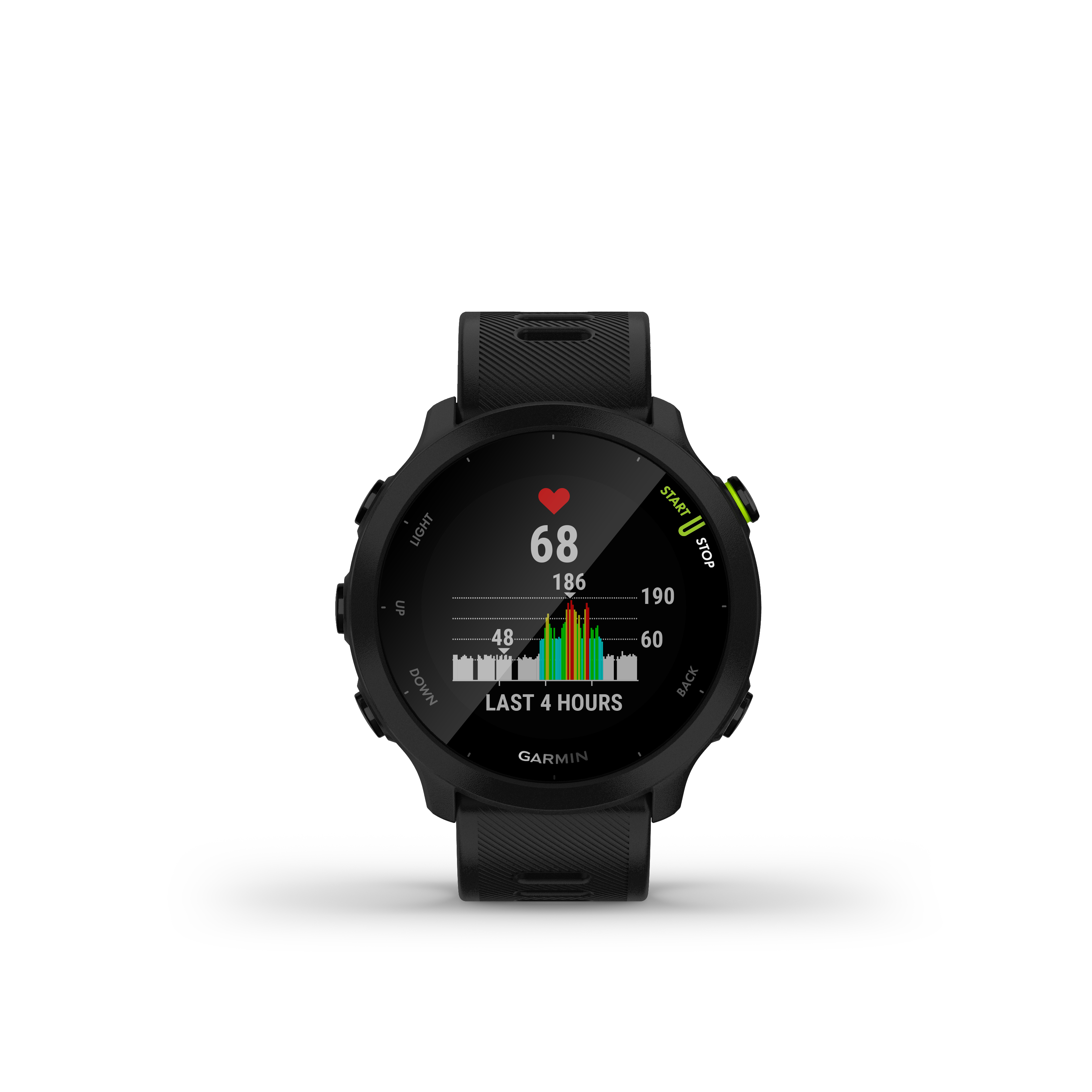 Eine schwarze Garmin-Uhr, die Herzfrequenzdaten und ein Laufdiagramm anzeigt.