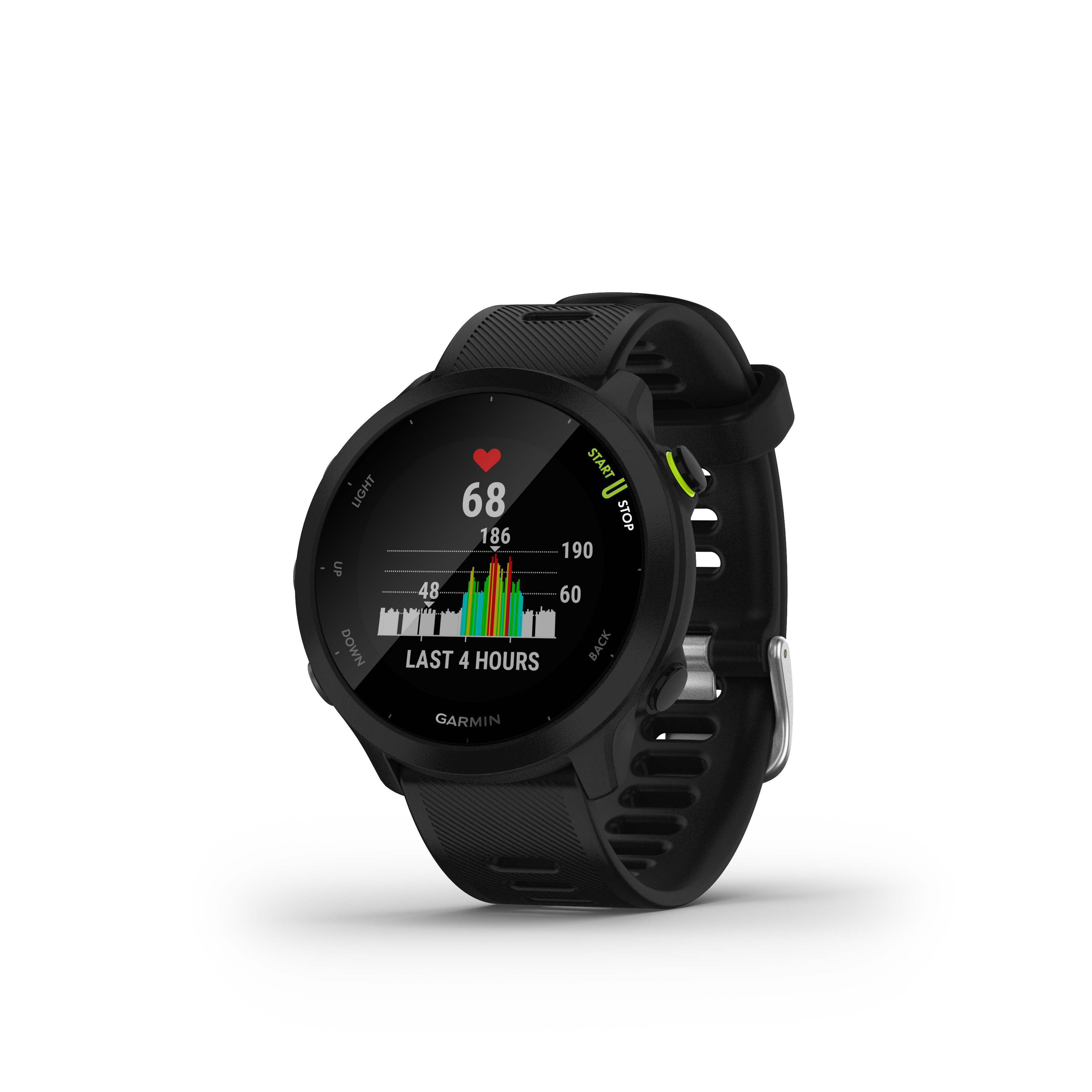 Schwarze Garmin Smartwatch, die Herzfrequenz und Aktivitätsdetails auf weißem Hintergrund anzeigt.