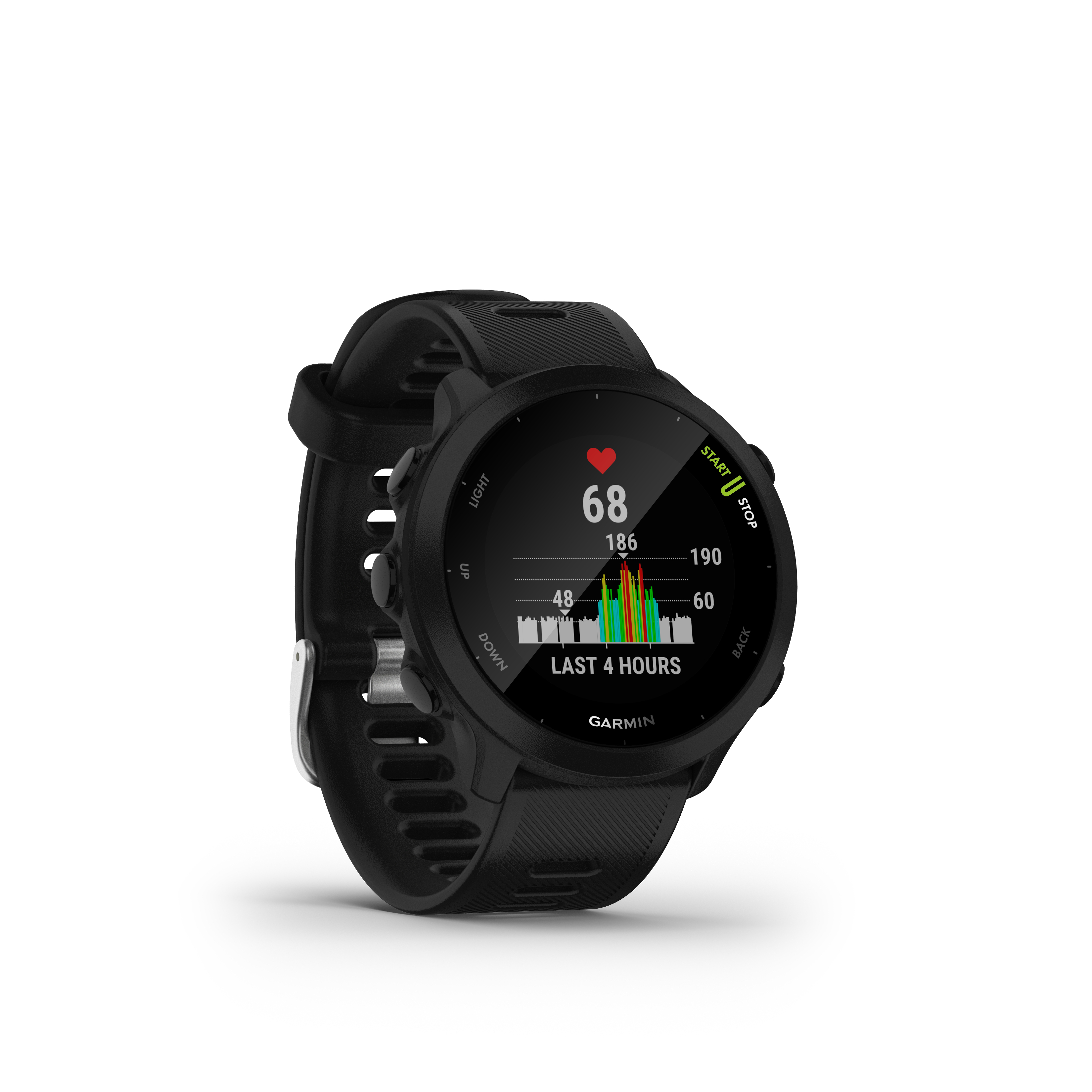 Eine schwarze Garmin Smartwatch zeigt Herzfrequenzdaten und ein Diagramm auf weißem Hintergrund.
