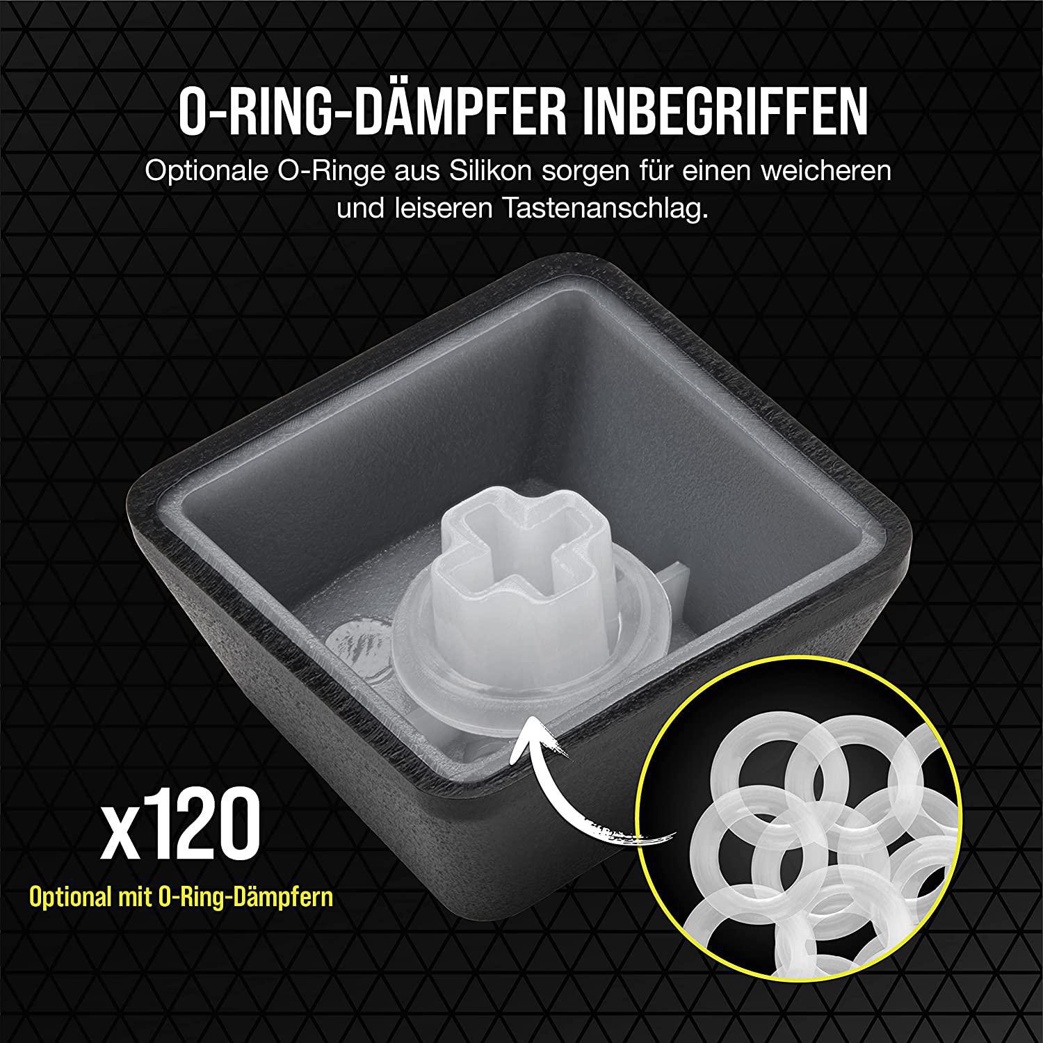 Nahaufnahme einer Tastaturkappe mit O-Ring-Dämpfer, mit Diagramm der Ringe.