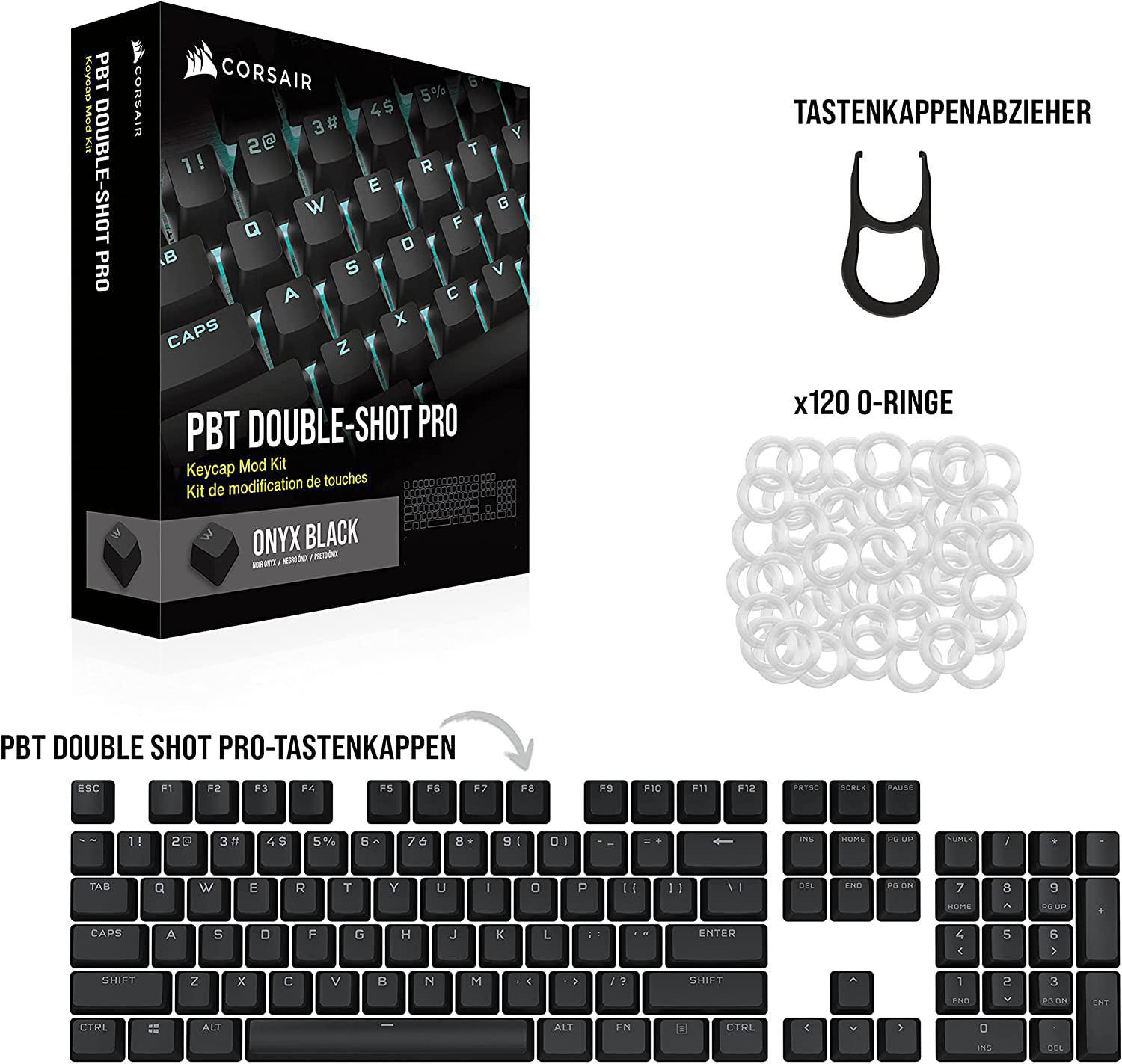 Eine Tastatur, Tastenkappen und O-Ringe werden angezeigt. Die Tastatur und die Tastenkappen sind schwarz.