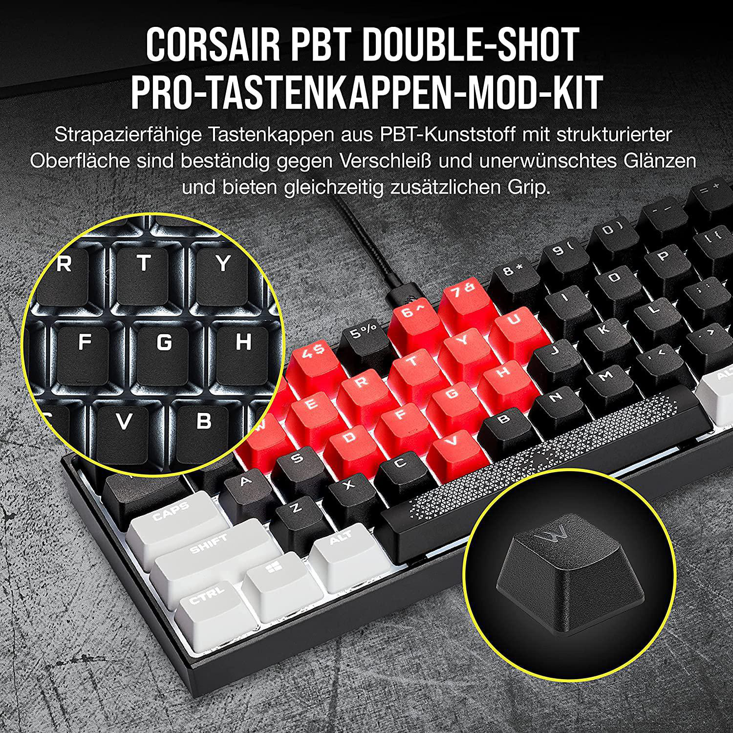 Eine Tastatur mit roten und weißen Tasten, die WASD-Tasten hervorhebt.