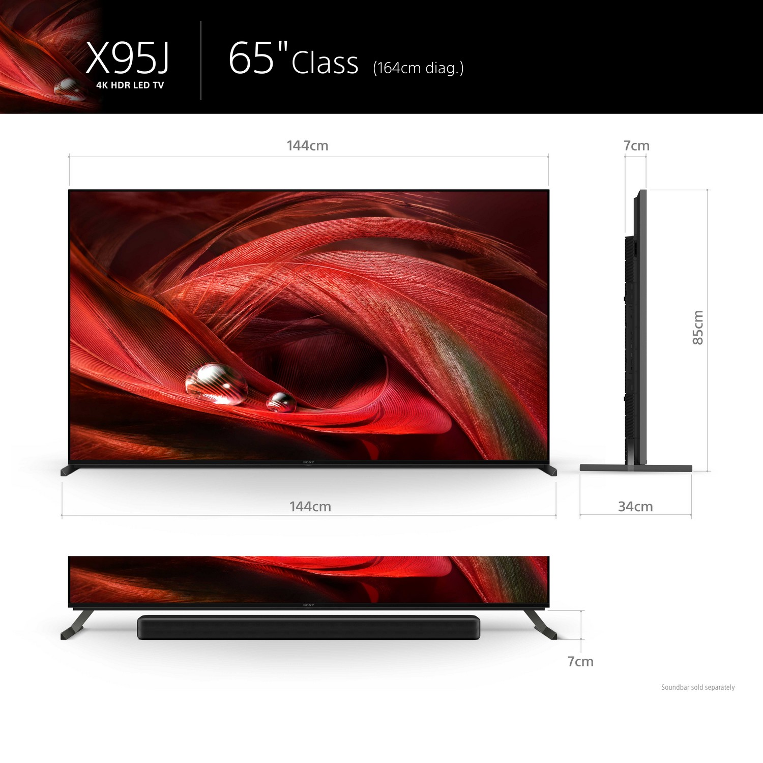 Televisor Sony X95J, marco negro, con dimensiones. La pantalla muestra visuales rojos y blancos.