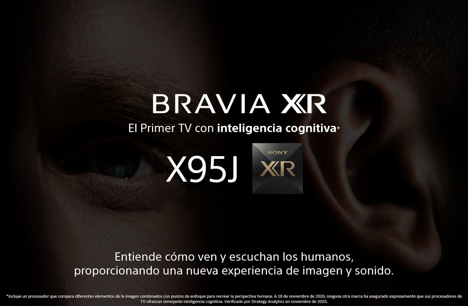 Anuncio de un televisor Sony Bravia XR, con un primer plano de un ojo y texto.