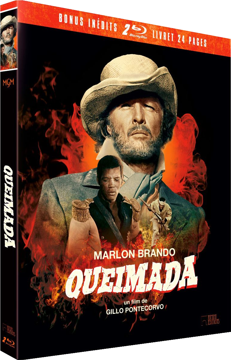 DVD-hoes van de film 'Queimada'. Toont Marlon Brando en een brandende achtergrond.