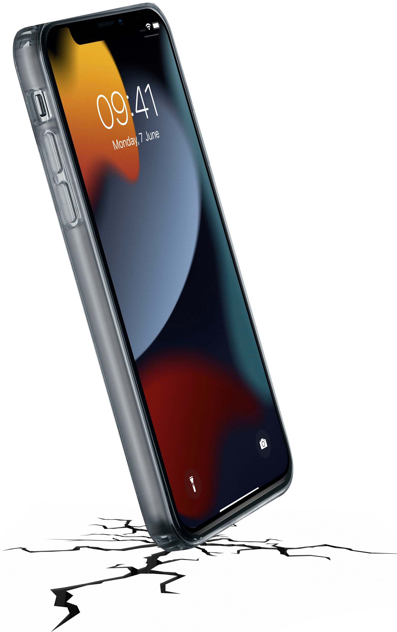 Un telefono in una custodia, inclinato, con crepe sotto.