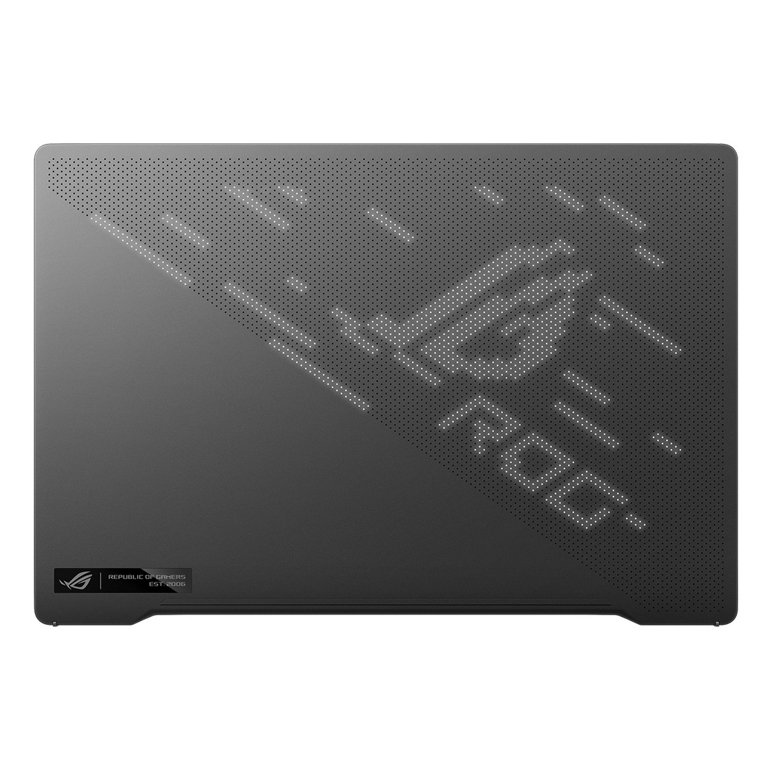 La parte trasera de un portátil negro con el logotipo ROG y un patrón de puntos.