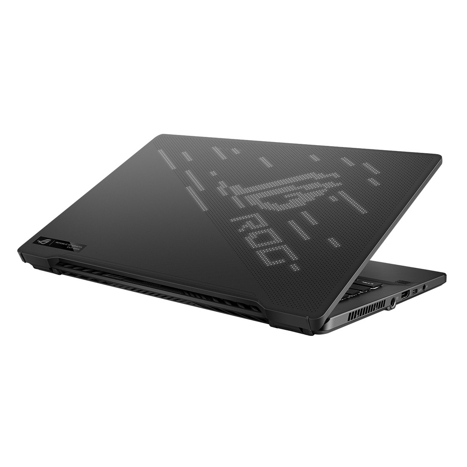 Portátil negro con diseño de logotipo ROG en la tapa, visto desde un ángulo. El fondo es blanco.