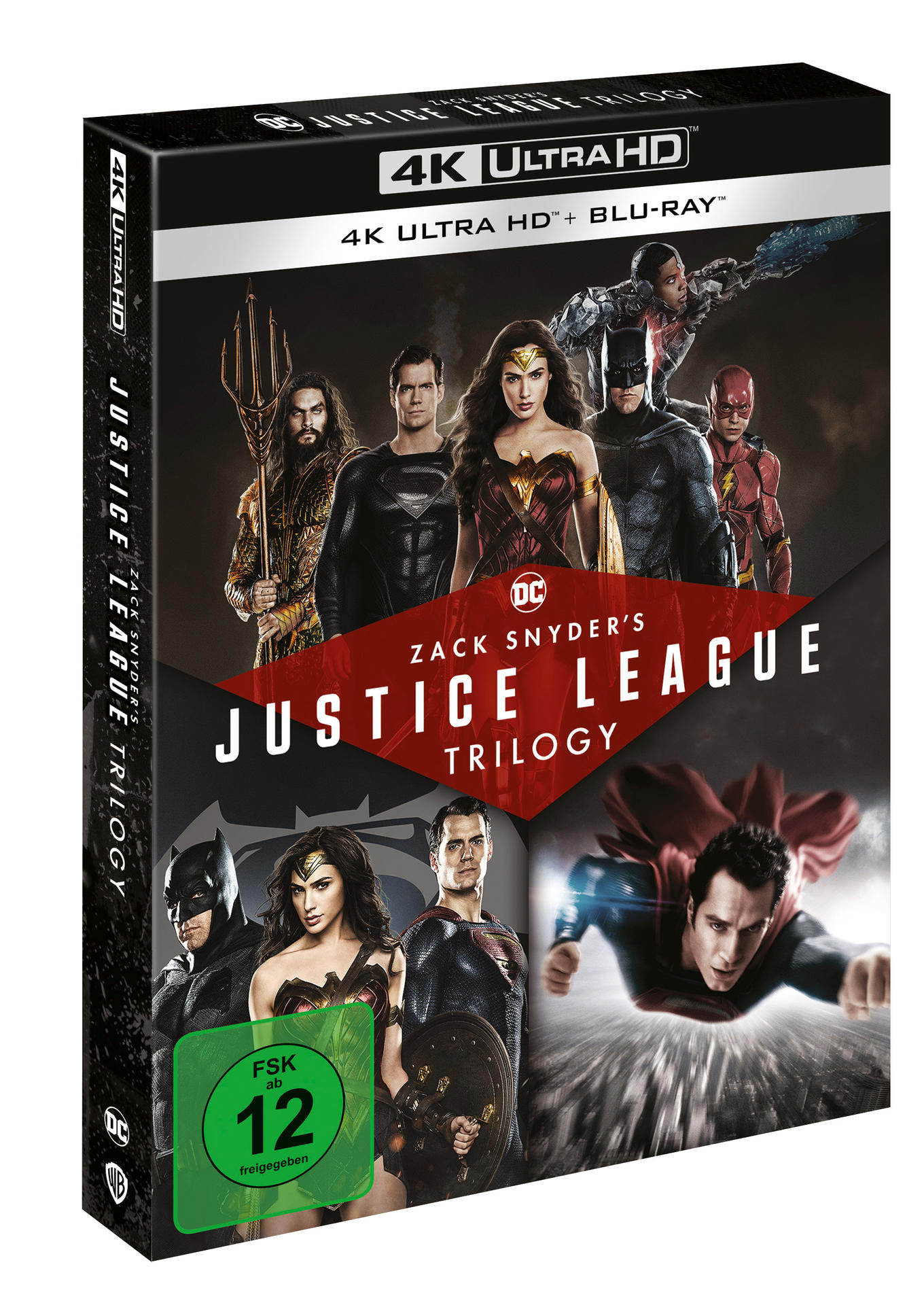 Justice League Trilogy Blu-ray-Cover mit Helden. Superman, Batman, Wonder Woman und andere sind abgebildet.