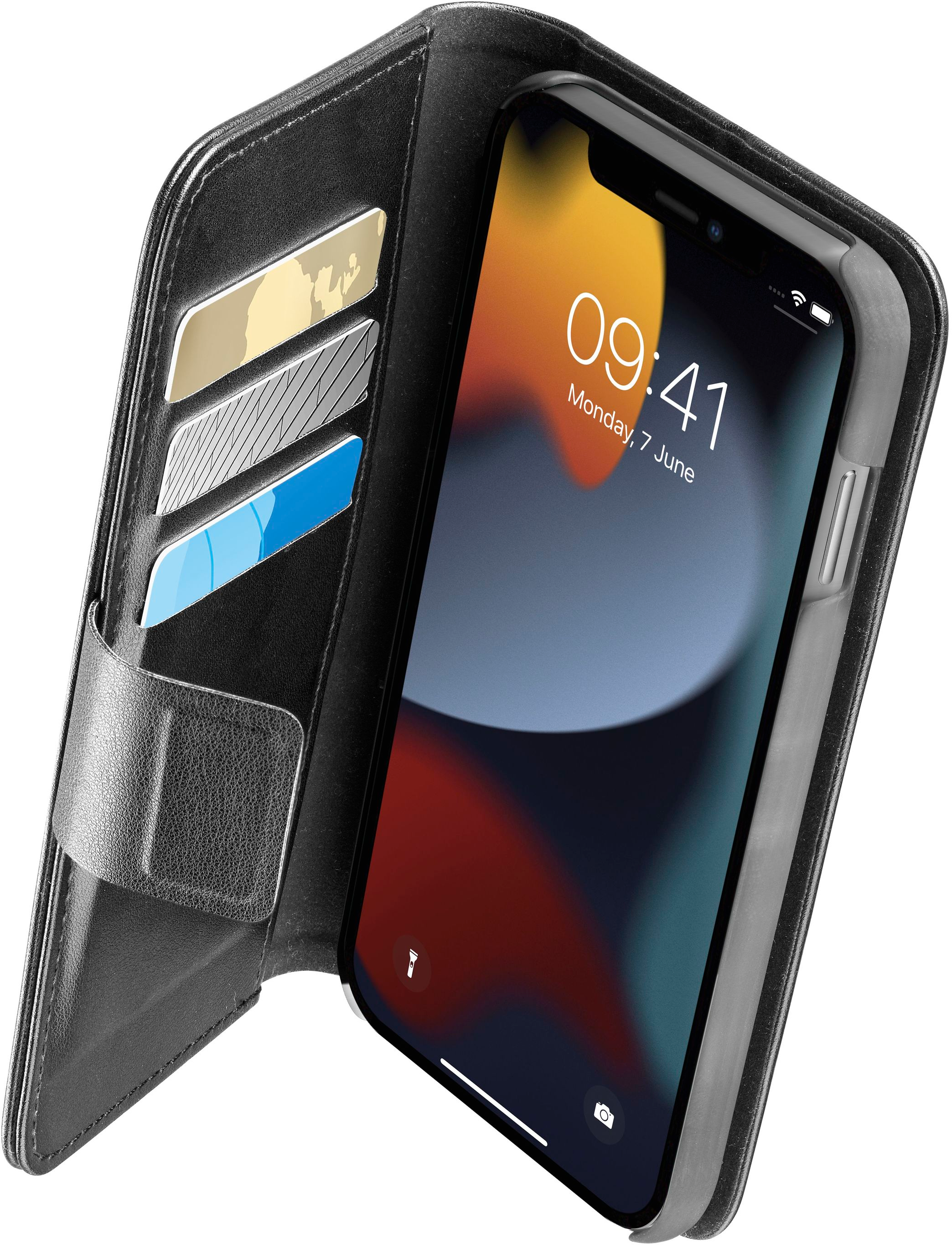 Una custodia per telefono nera con fessure per carte di credito, che tiene un telefono con l'ora 09:41 sullo schermo.