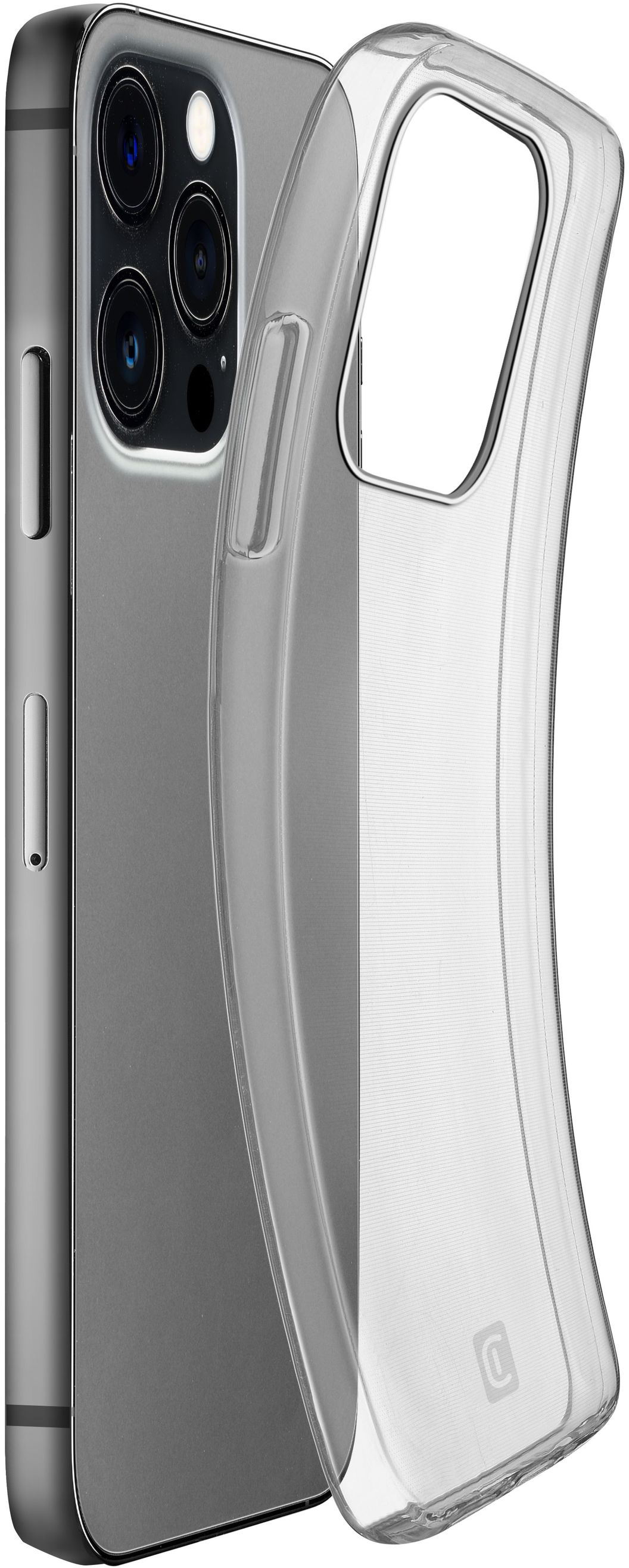 Klare Handyhülle, auf einem grauen Handy angebracht, die Kameralinsen zeigend.