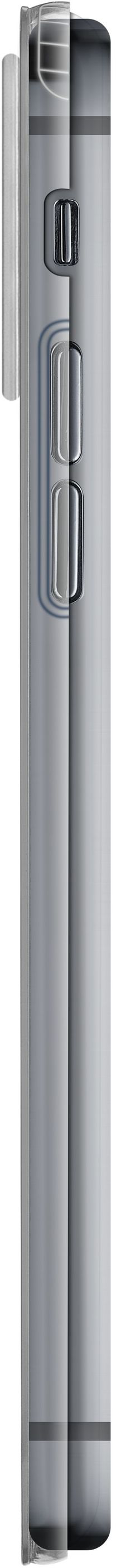 Seitenansicht eines silbernen Telefons mit Tasten.