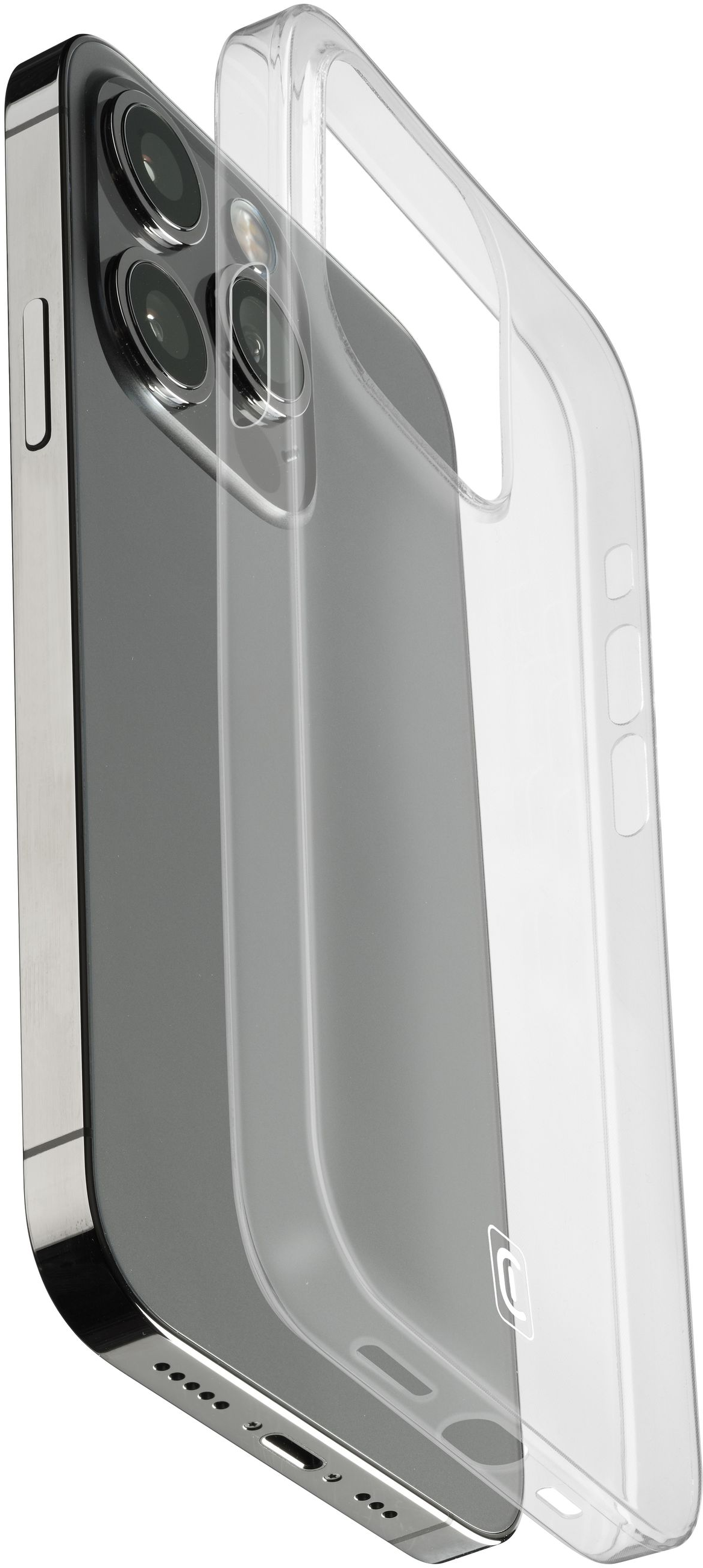 Ein dunkelgraues Smartphone mit einer transparenten Schutzhülle. Die Hülle ist leicht geöffnet und zeigt die Kameras und das Design des Telefons.