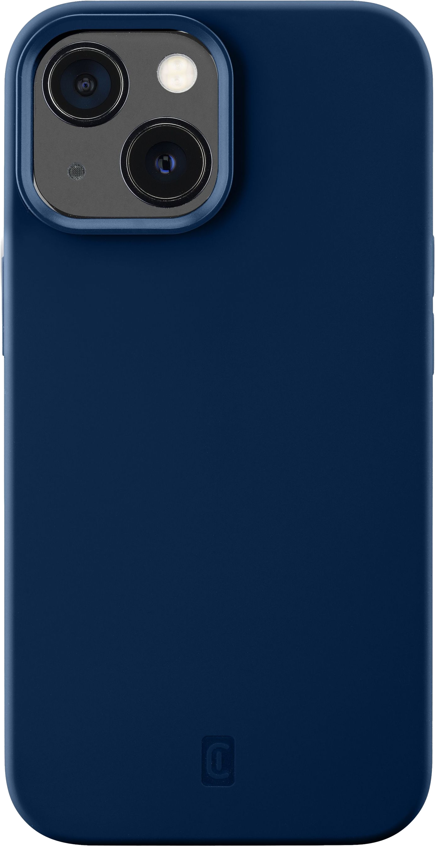 Custodia blu navy per telefono con ritagli per fotocamera. Copre retro e lati del telefono. Logo sotto.