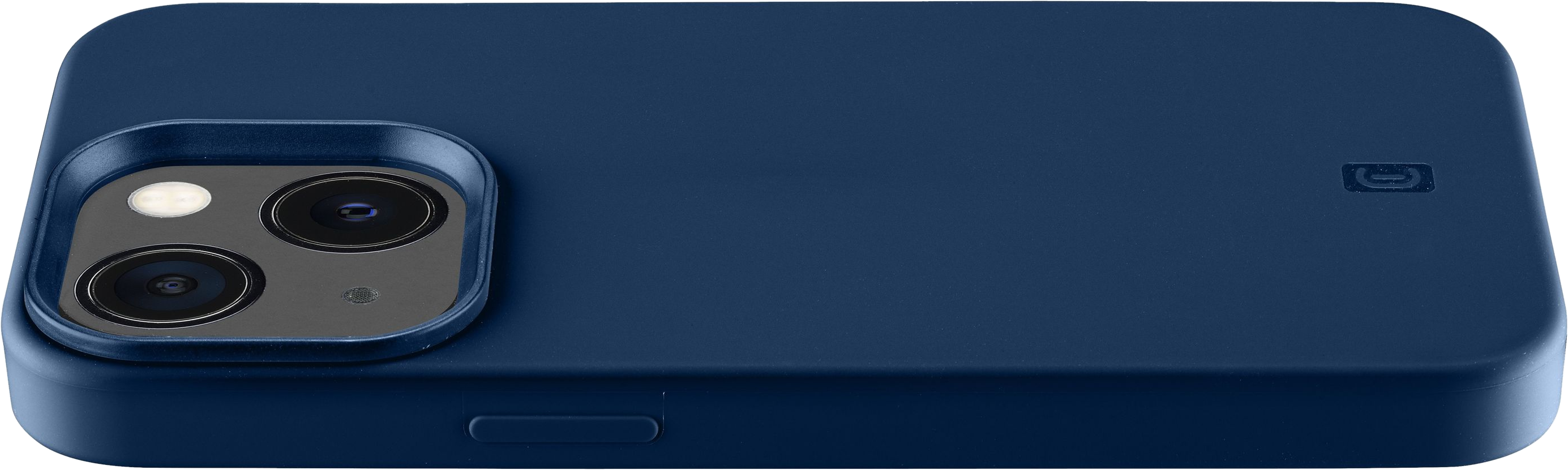 Un iPhone blu in una custodia. Il telefono ha la fotocamera nell'angolo in alto a sinistra.