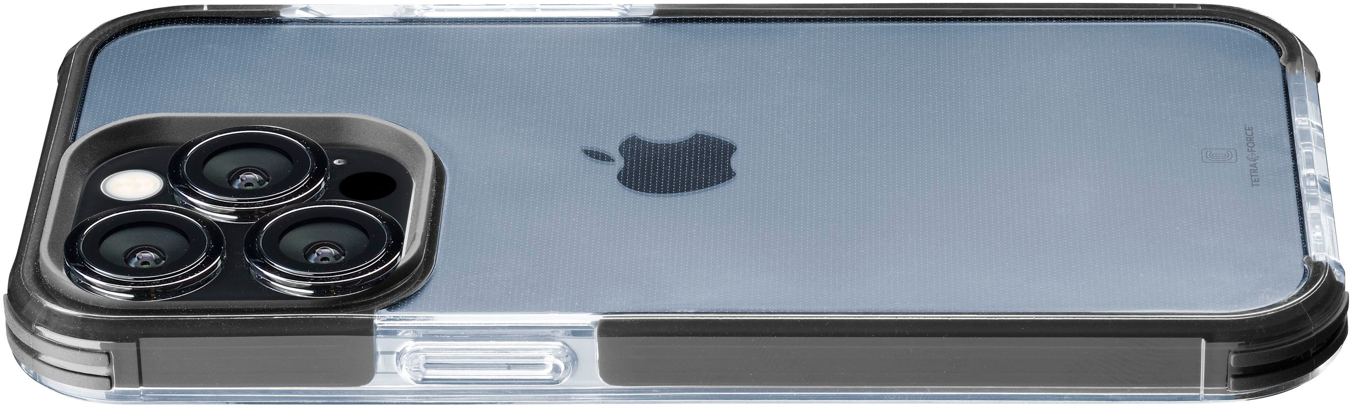 Telefono con custodia trasparente, lenti della fotocamera visibili.